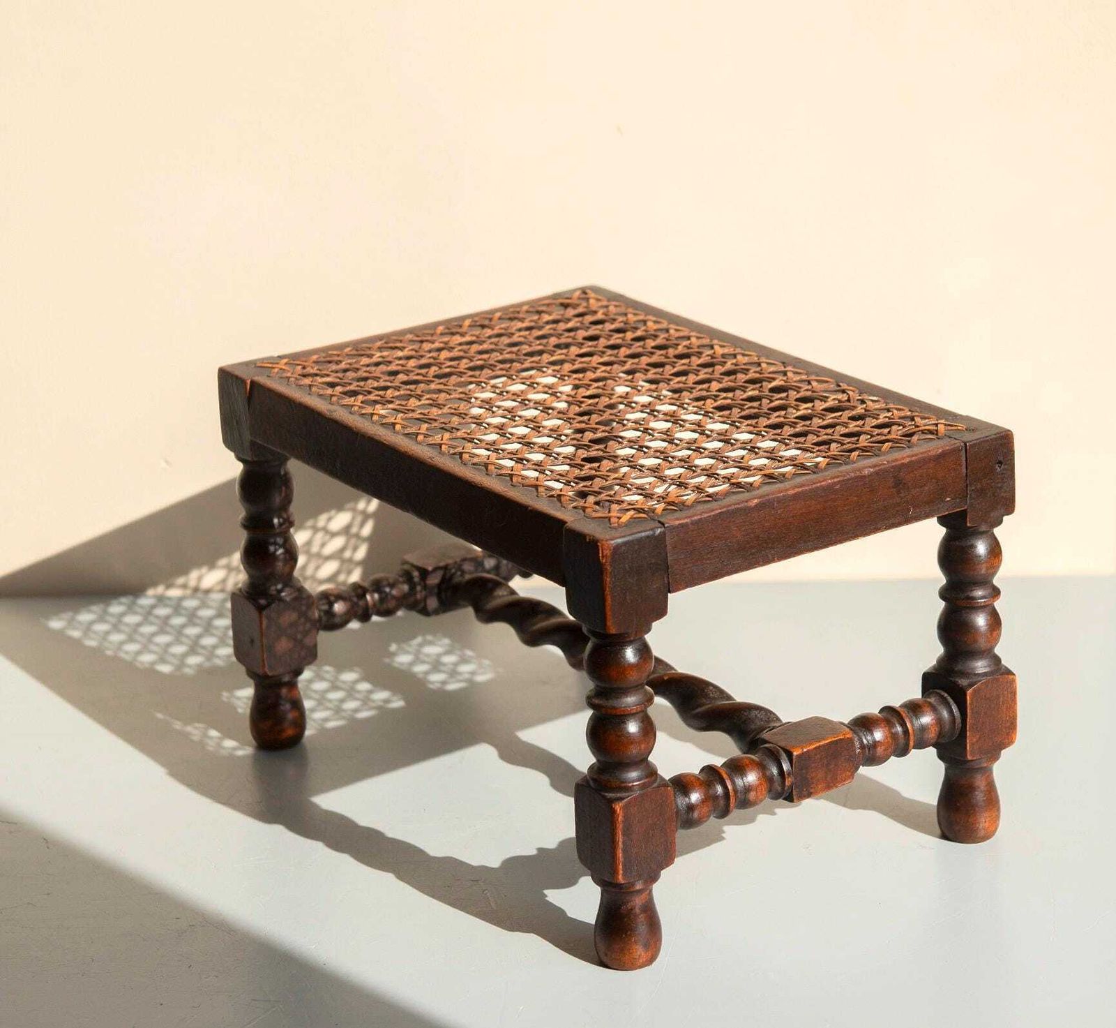 Antique Oak Barley Twist Stool   Bobbin Footstool With Cane Seat   Small English Rustic Stool photo Furniture