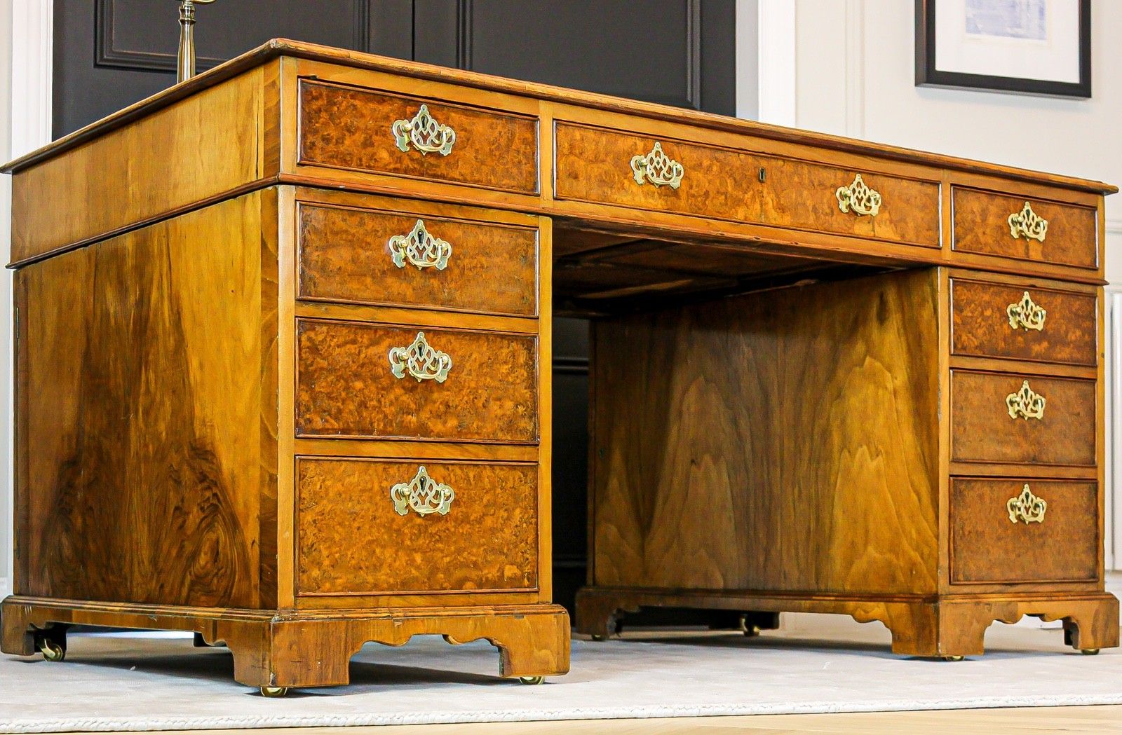 Antique Victorian Burr Walnut Twin Pedestal Partners Leather Top Writing Desk photo furniture