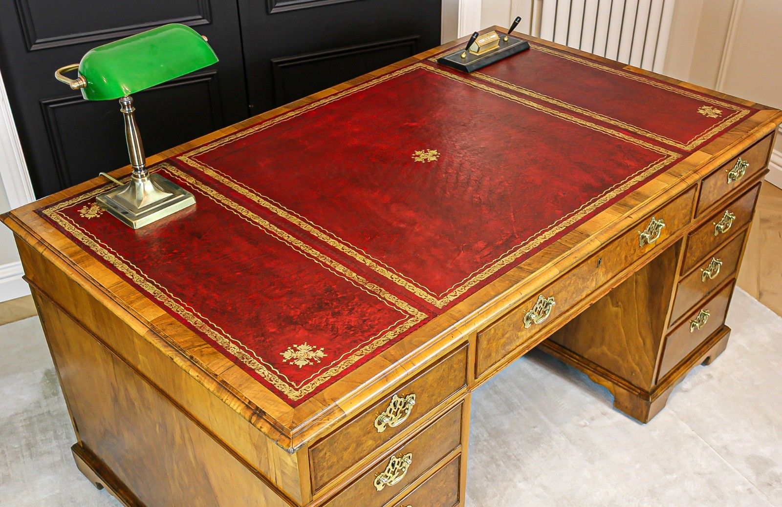 Antique Victorian Burr Walnut Twin Pedestal Partners Leather Top Writing Desk photo for sale
