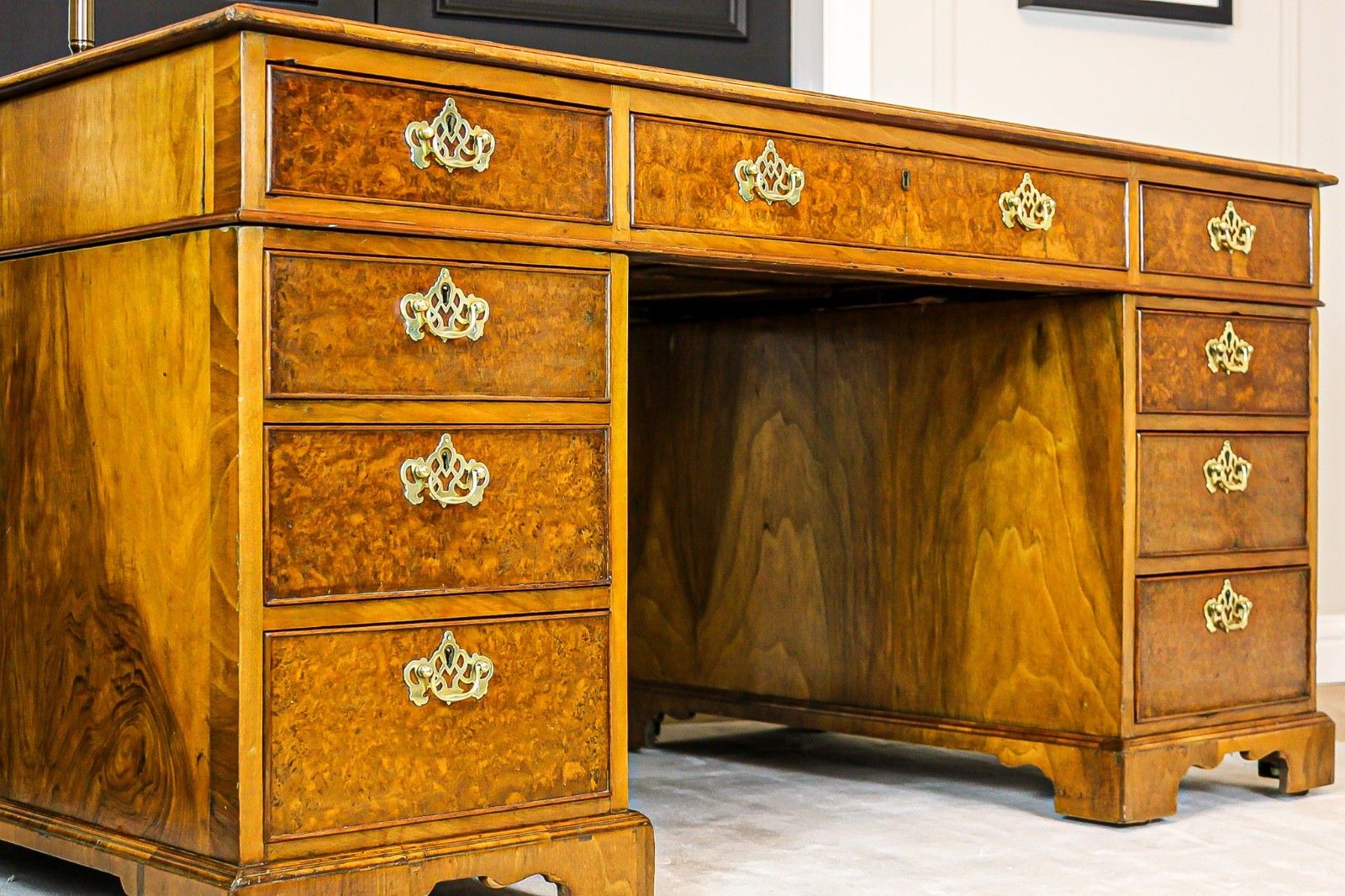 Antique Victorian Burr Walnut Twin Pedestal Partners Leather Top Writing Desk photo vinterior