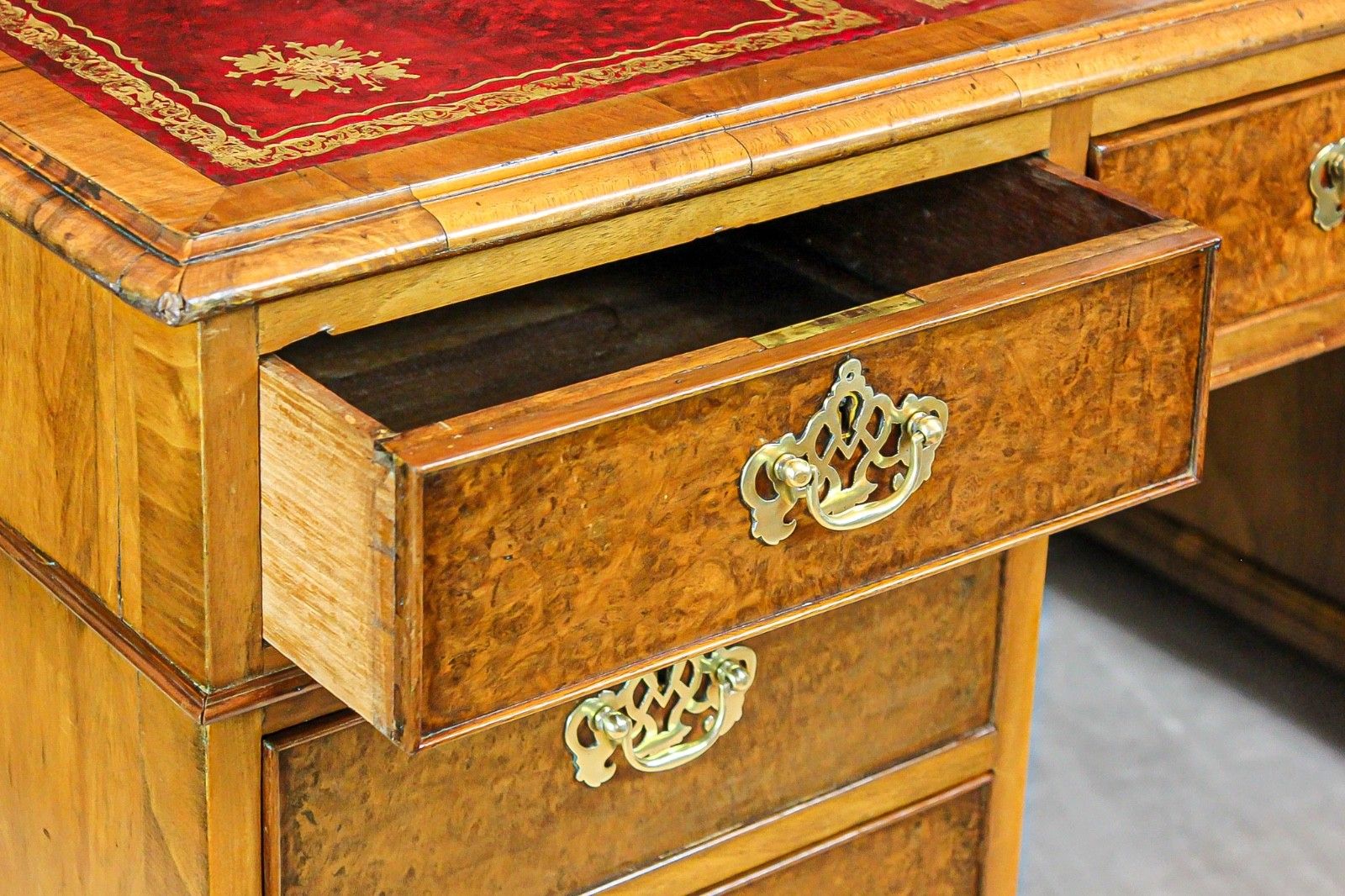 1950.0 Antique Victorian Burr Walnut Twin Pedestal Partners Leather Top Writing Desk photo