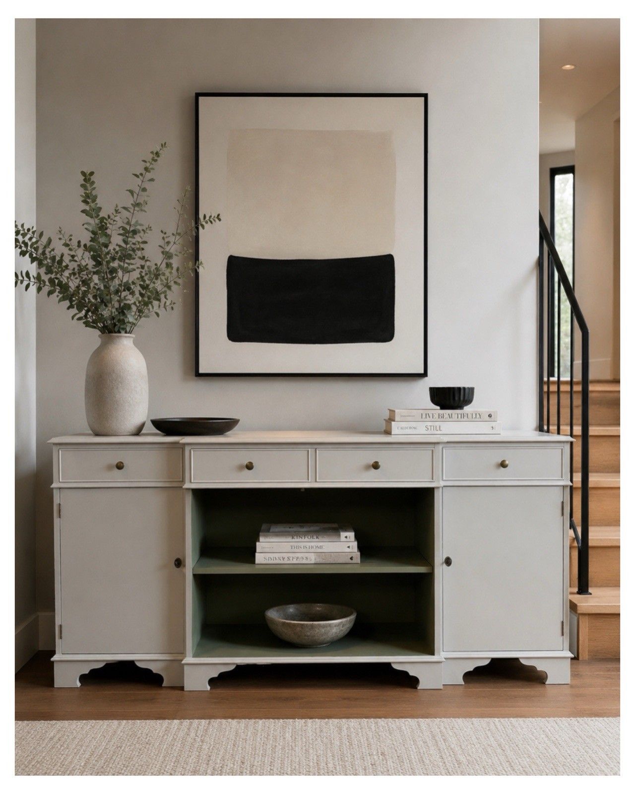 Contemporary Breakfront Sideboard/Bookcase & Keys Portland Stone & Olive 185cm