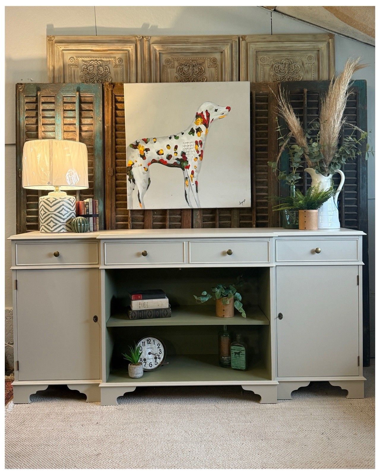 Contemporary Breakfront Sideboard/Bookcase & Keys Portland Stone & Olive 185cm photo for sale