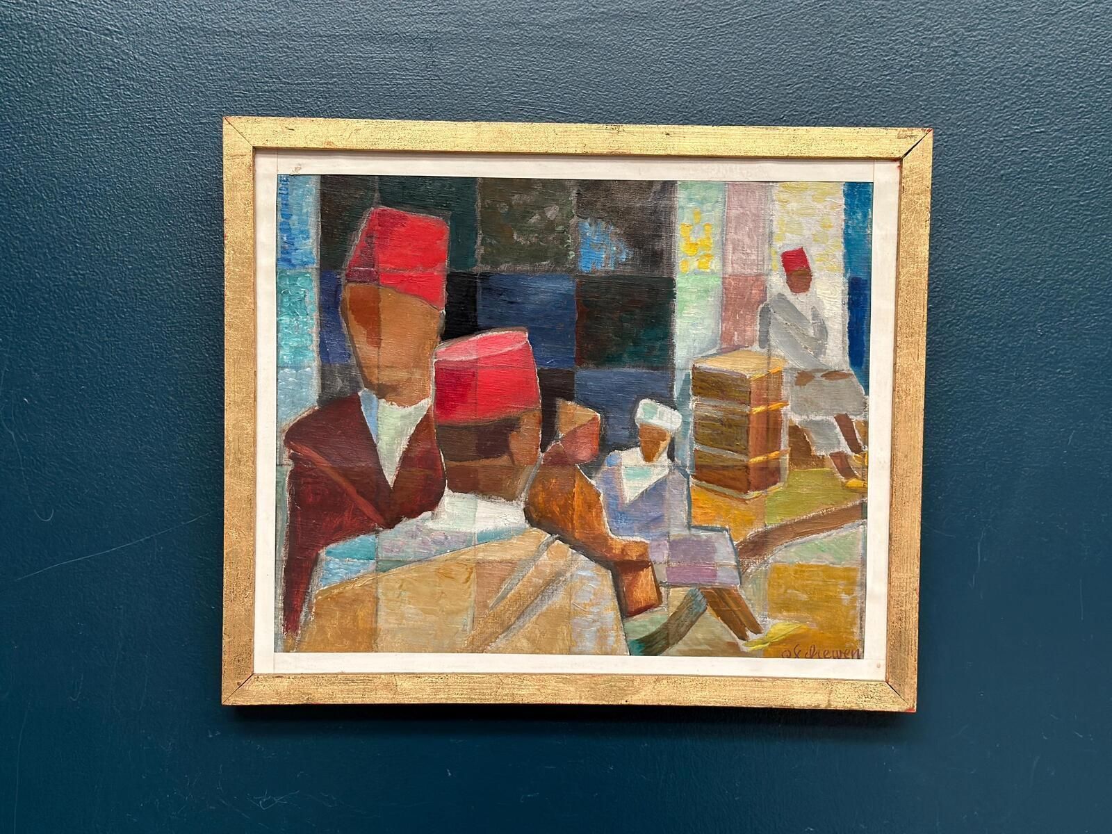 Original Mid Century Swedish Oil On Canvas – “På Gatan I Tetuan” By Olle Von Schewen Vintage & Framed 41 × 50 Cm (16.1" × 19.7") photo for sale