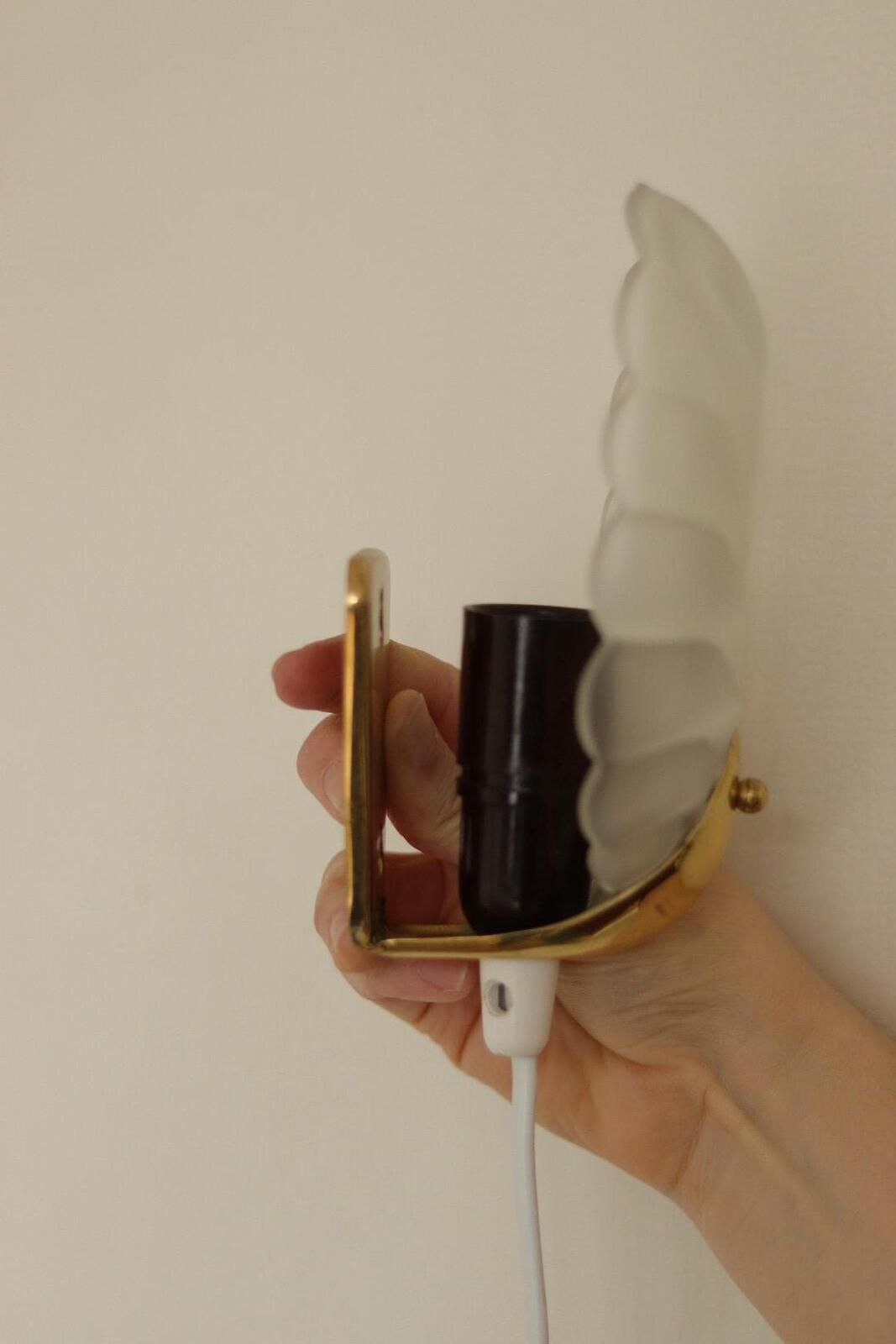 Pair Of Art Deco Brass & Glass Shell Wall Lamps – Denmark, 1930s – Rewired, Working, E14 photo Lighting