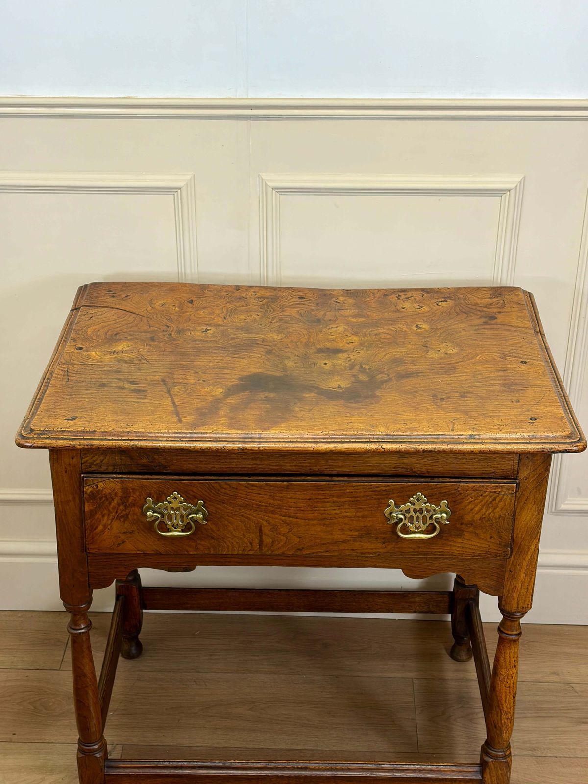 Antique Country Burr Elm Side Table With Frieze Drawer photo vinterior