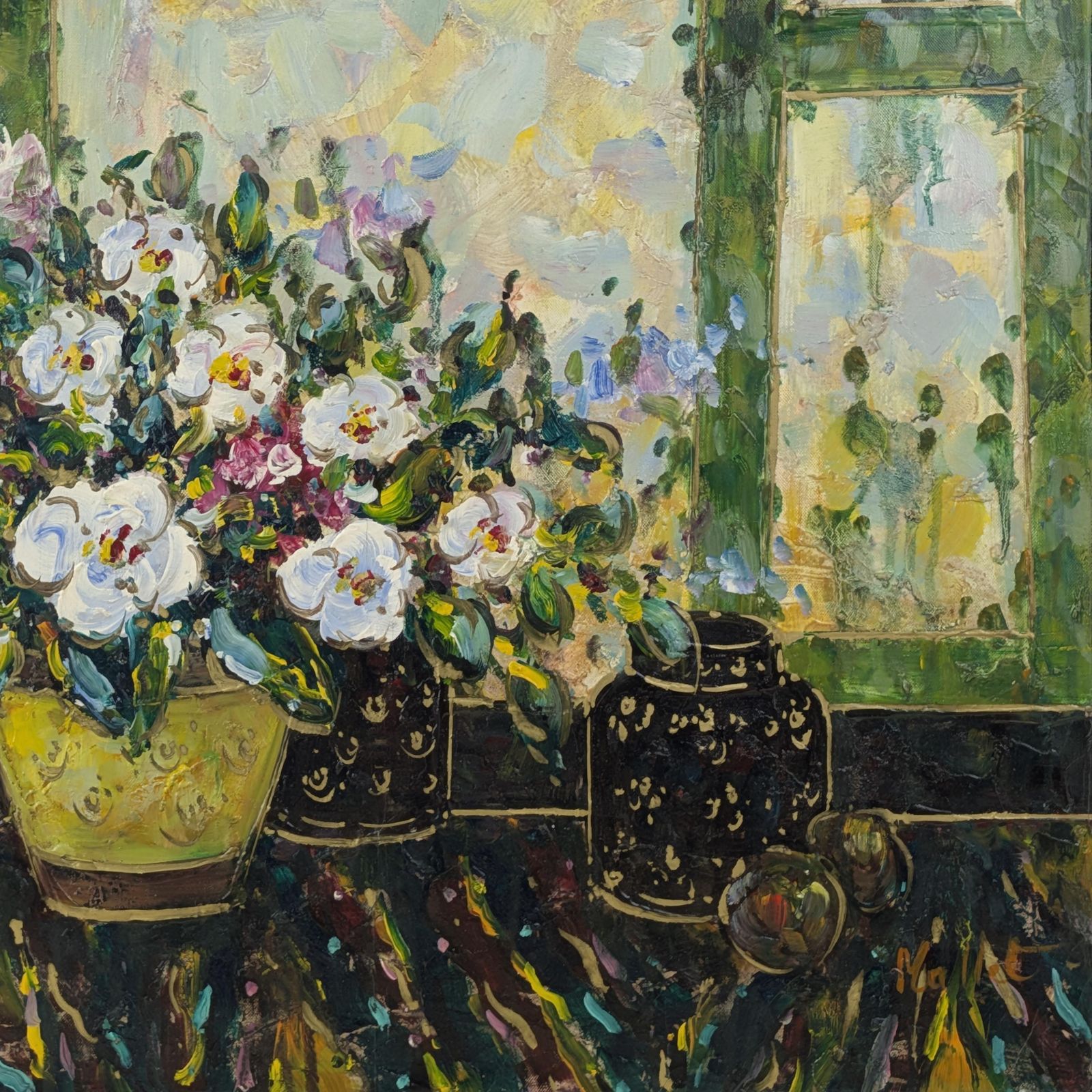 Floral Oil Painting Canvas, Vintage French Impasto Still Life Signed Mallet photo vinterior