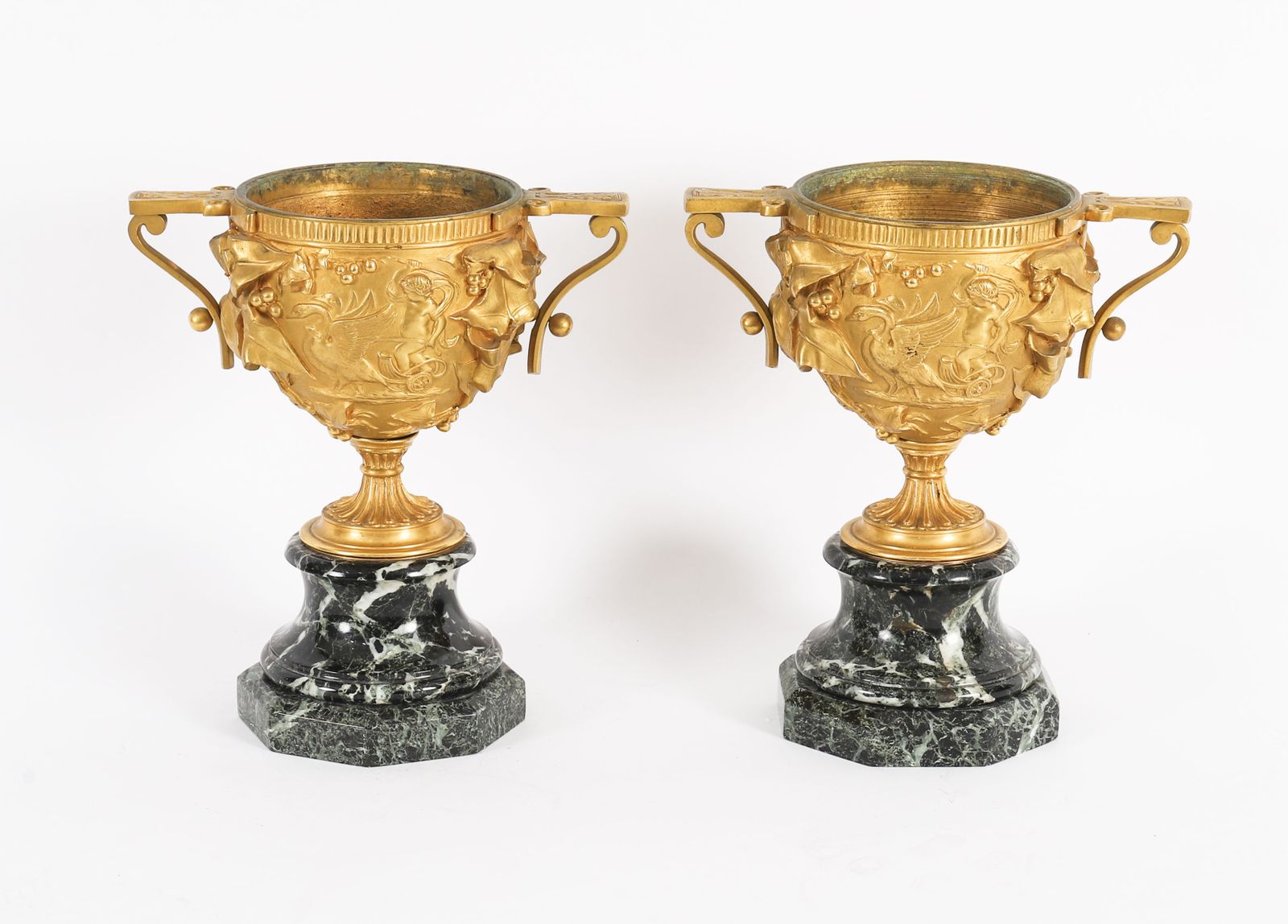 Antique Pair French Grand Tour Gilt Bronze Classical Urns 19th C