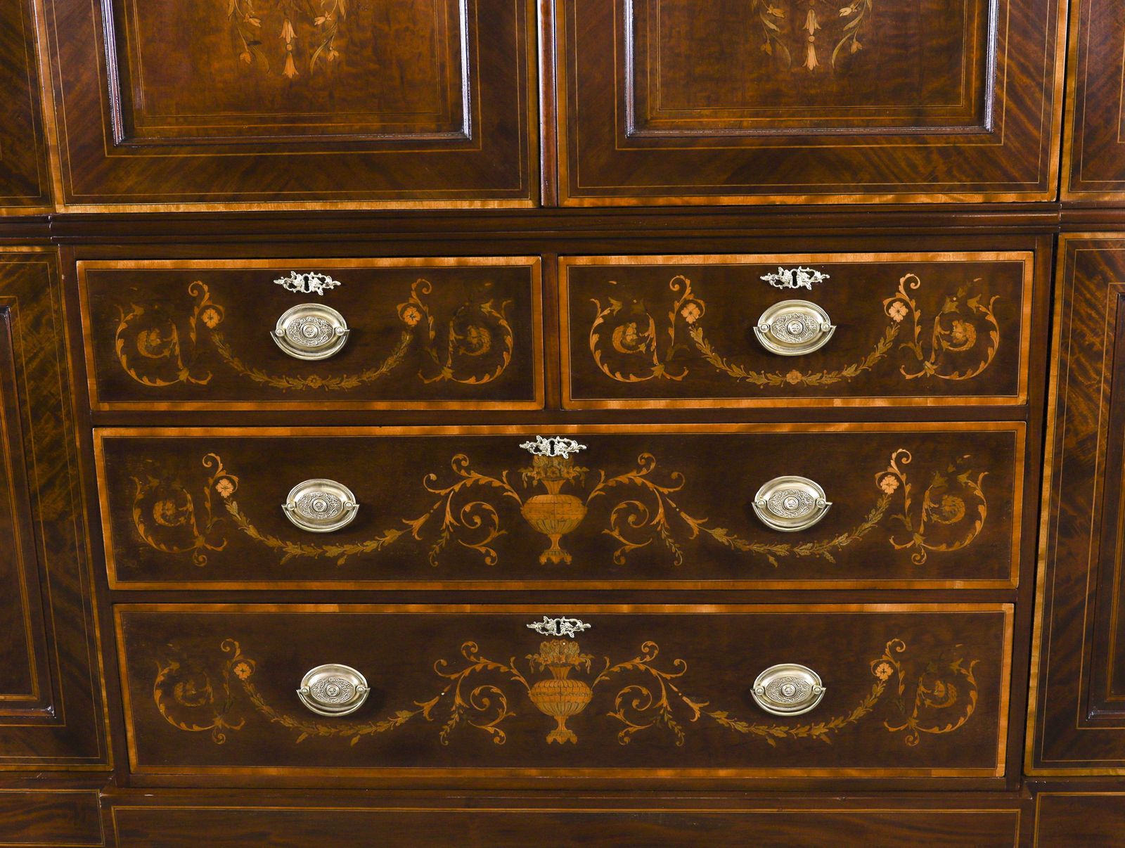 Edwardian Breakfront Mahogany & Floral Marquetry Inlaid Wardrobe C1910 photo vinterior