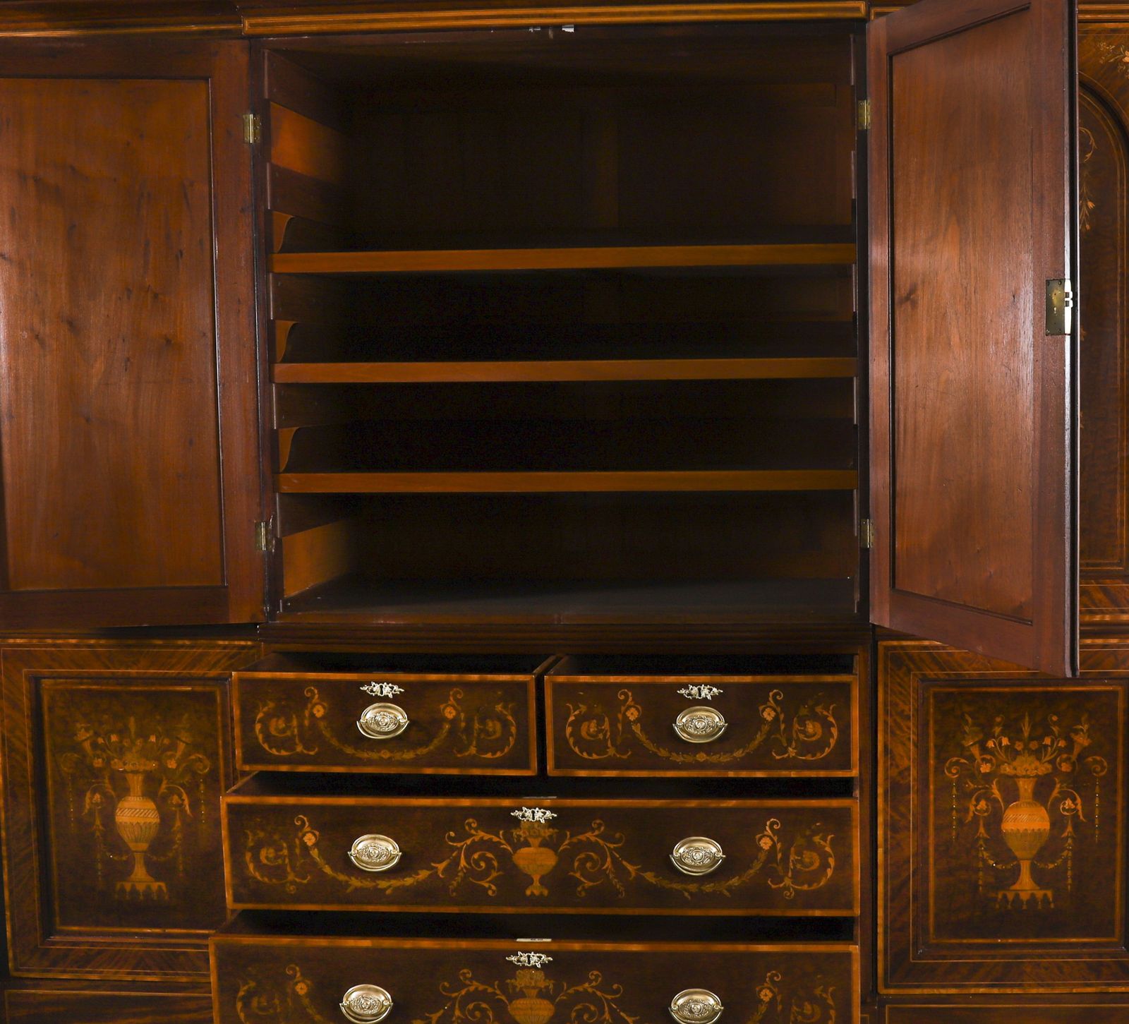 Edwardian Breakfront Mahogany & Floral Marquetry Inlaid Wardrobe C1910 photo vintage