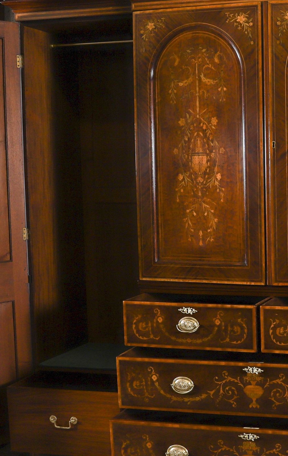 8750.0 Edwardian Breakfront Mahogany & Floral Marquetry Inlaid Wardrobe C1910 photo