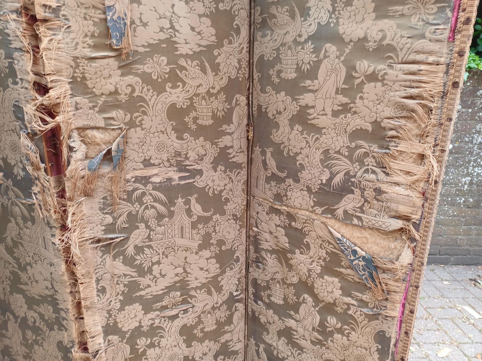 Antique Victorian Chinoiserie Folding Screen Room Divider Bohemian Vanity Screen Oriental Fabric Panels Free Hand Delivery photo for sale
