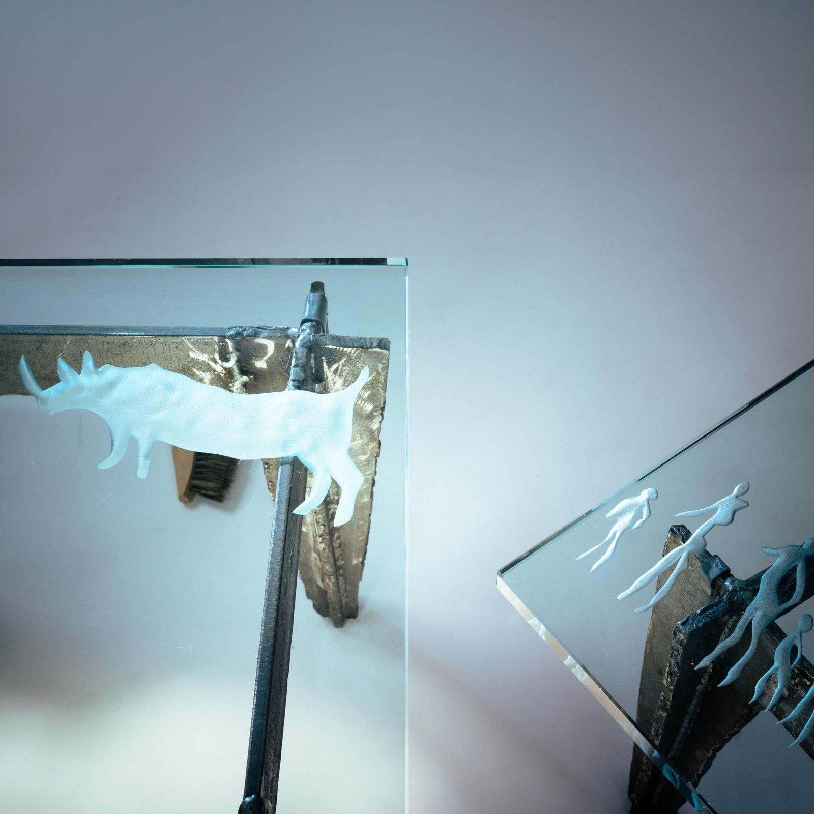 2 Brutalist Steel Side Tables With Primitive Safari Scene Motifs Etched Glass photo furniture