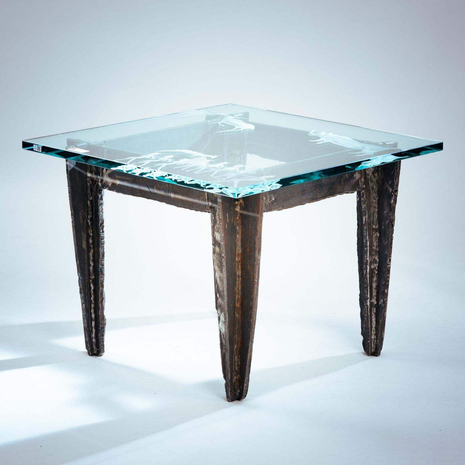 2 Brutalist Steel Side Tables With Primitive Safari Scene Motifs Etched Glass photo buy