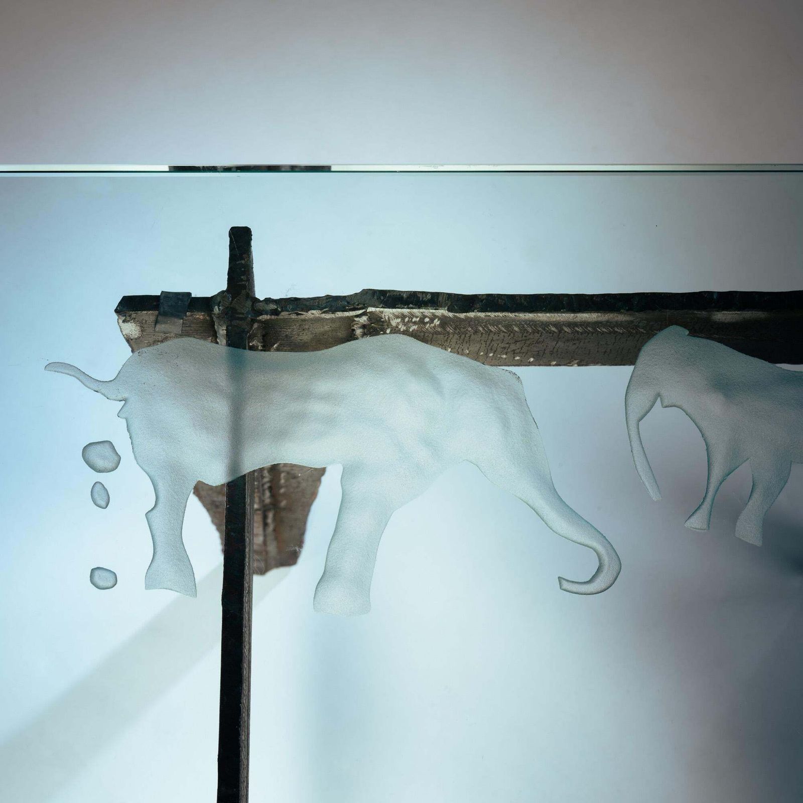 4332.0 2 Brutalist Steel Side Tables With Primitive Safari Scene Motifs Etched Glass photo