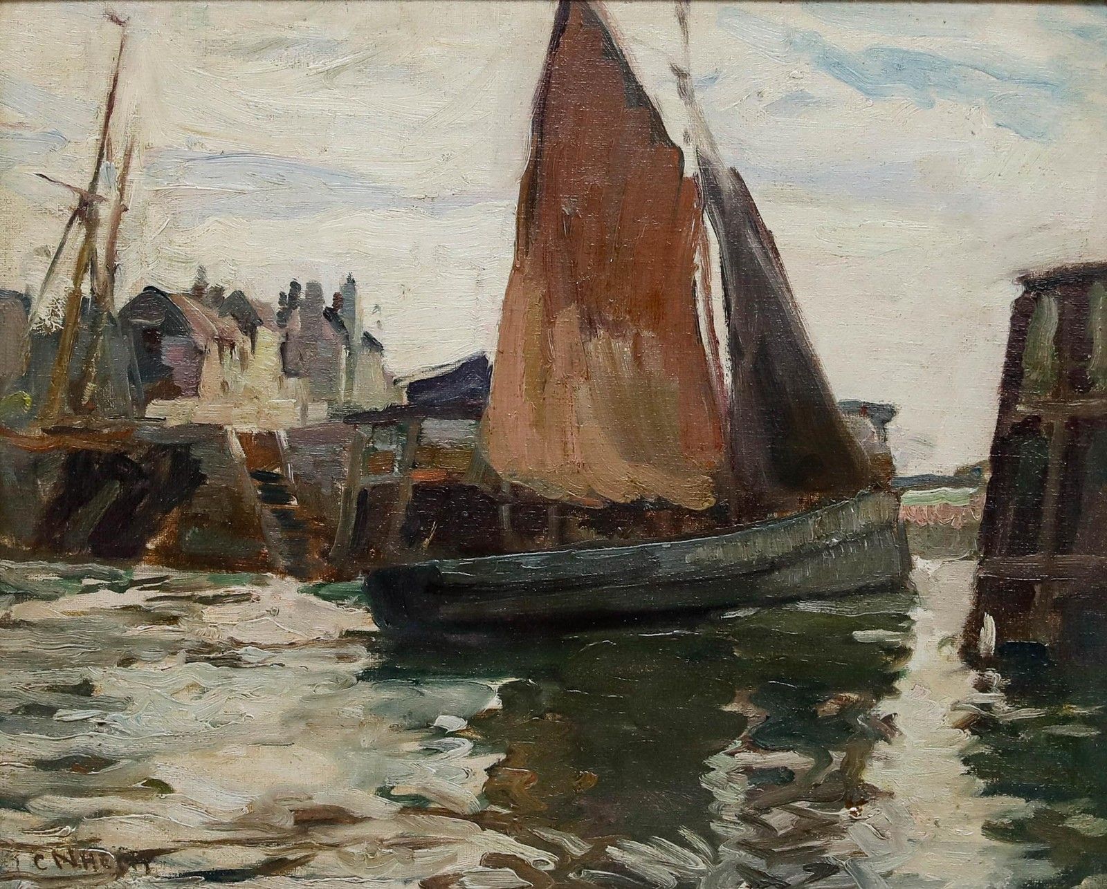 Charles Napier Hemy (1841 1917) Early 20th Century Oil, Mousehole Harbour photo furniture