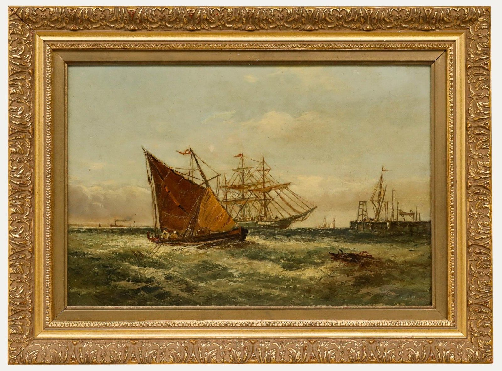 British School Late 19th Century Oil Sailing Ships In A Harbour