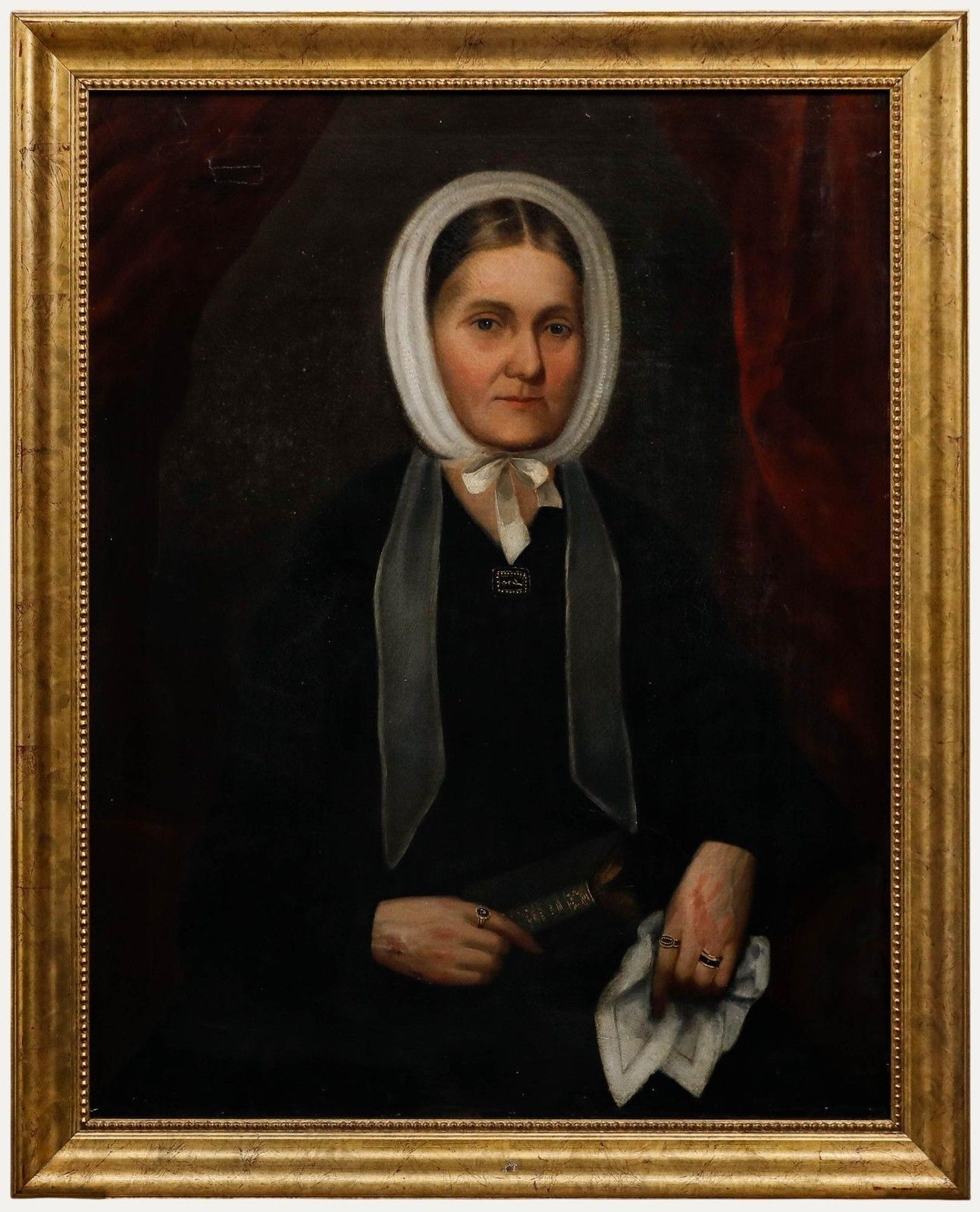 Framed 19th Century Oil Lady In Memento Mori Jewellery