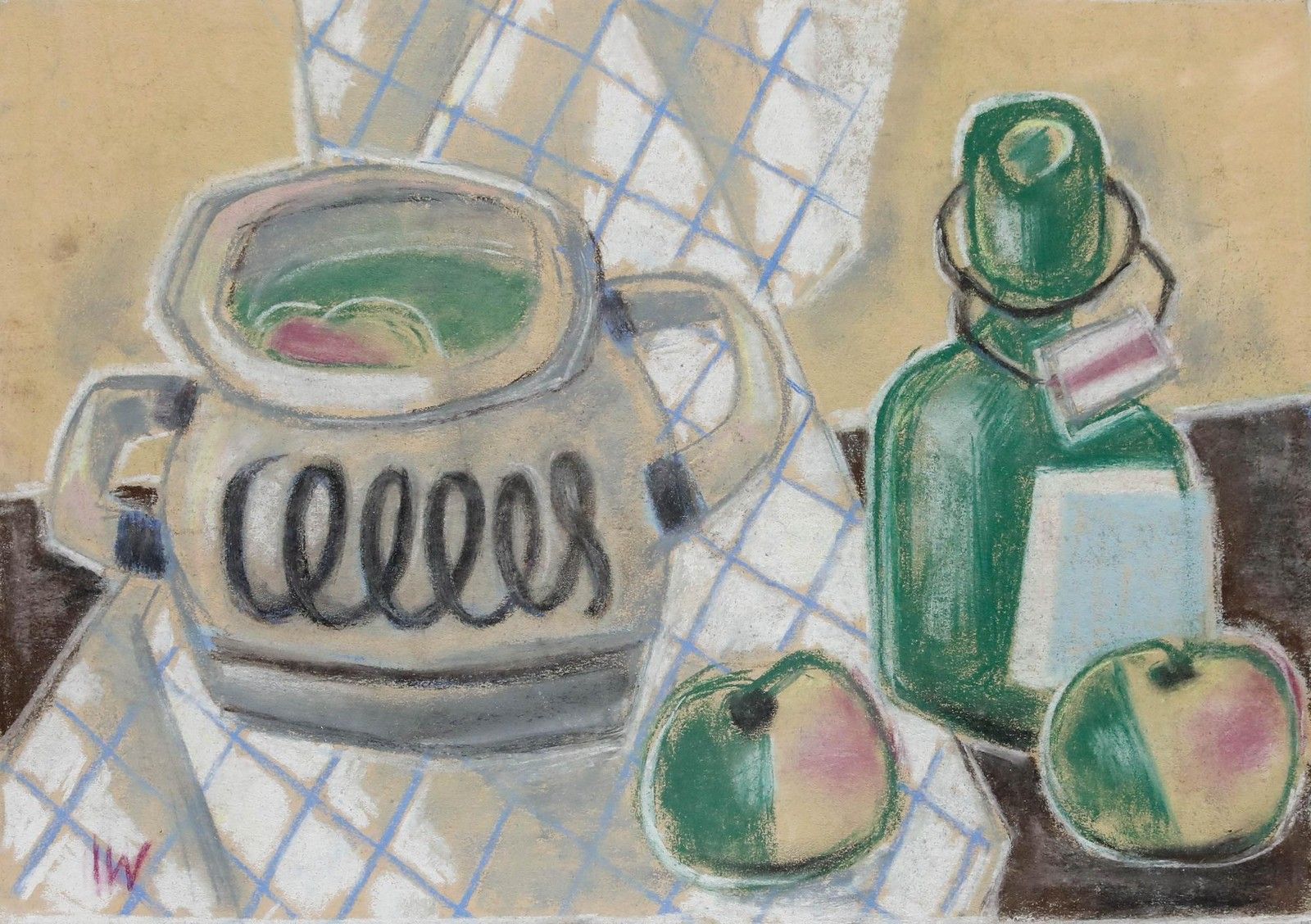 Johann Winter (1898 1964) Pastel, Still Life With Bottle And Apples photo furniture