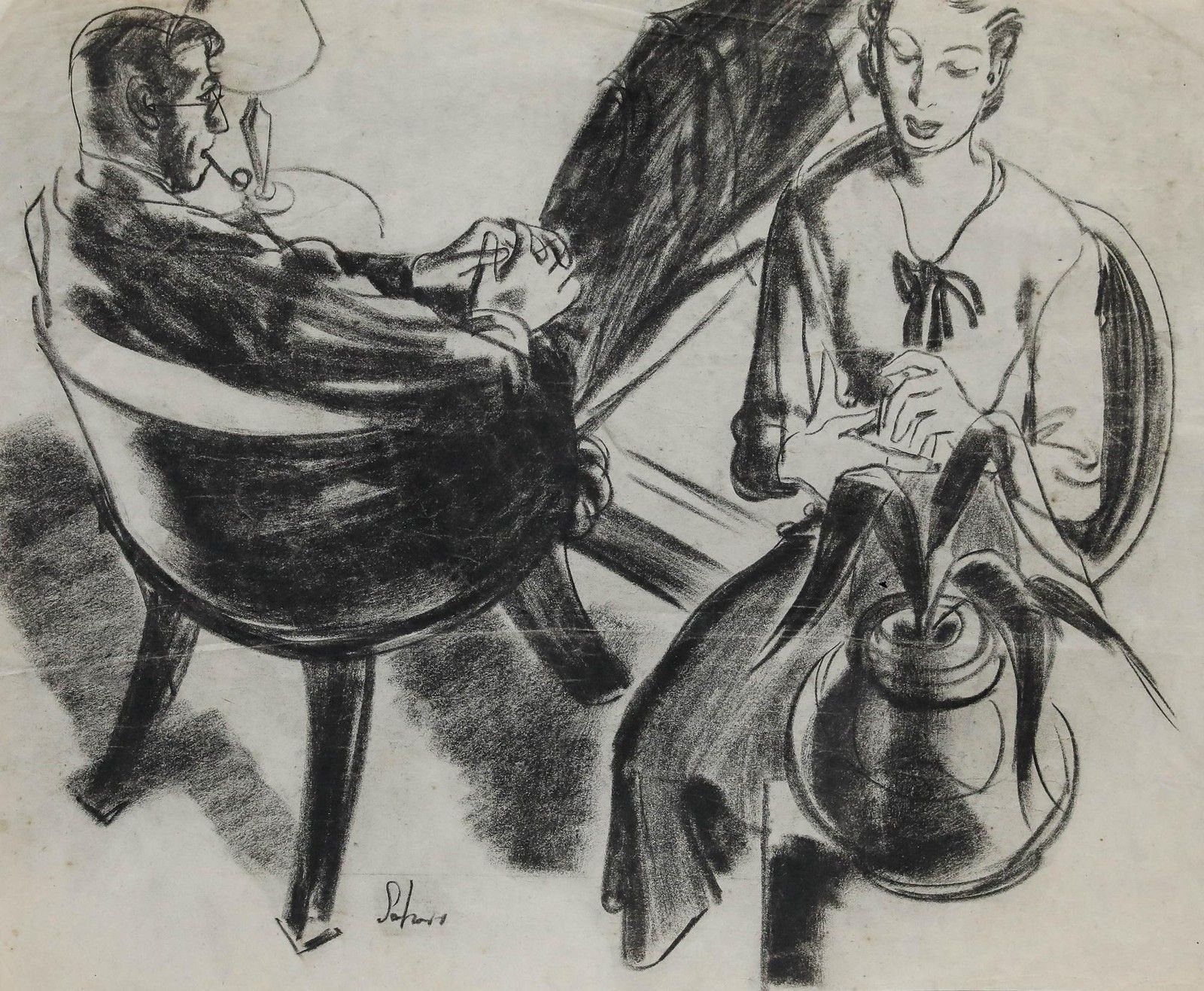 Film Noir C.1940 Charcoal Drawing Time To Contemplate photo furniture