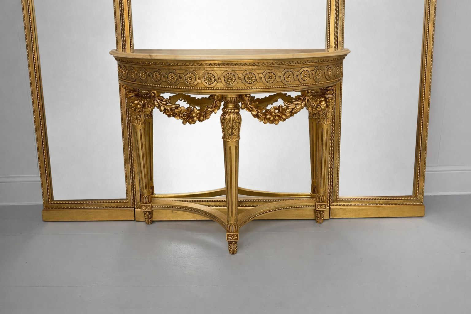 Asnaghi Carved Wood Gilt Triple Wall Mirror With Demi  Lune Marble Console photo vinterior