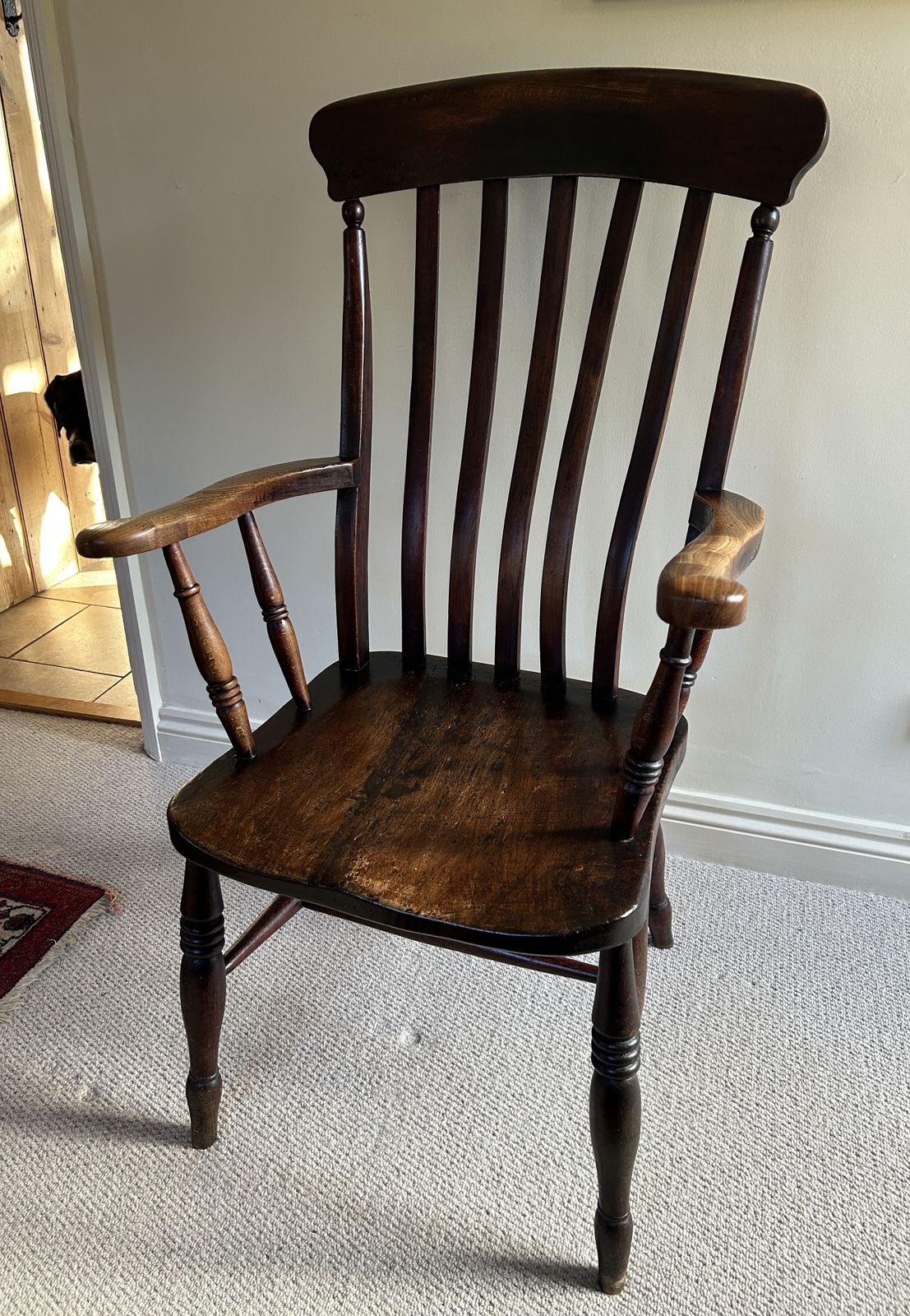 Antique Lath Or Slat Back Elm And Beech Wooden Armchair photo for sale
