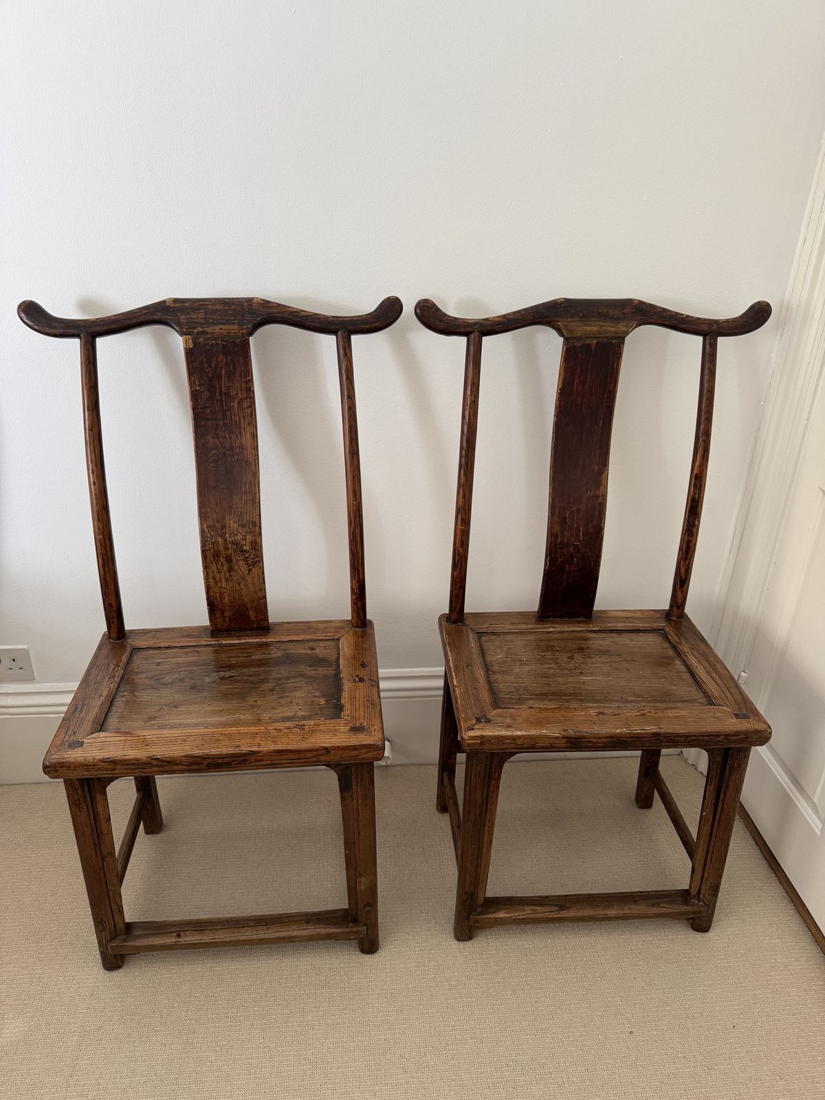 Pair Of Antique Chinese Elm "Official's Hat" Yoke   Back Side Chairs , Qing Dynasty 19thc