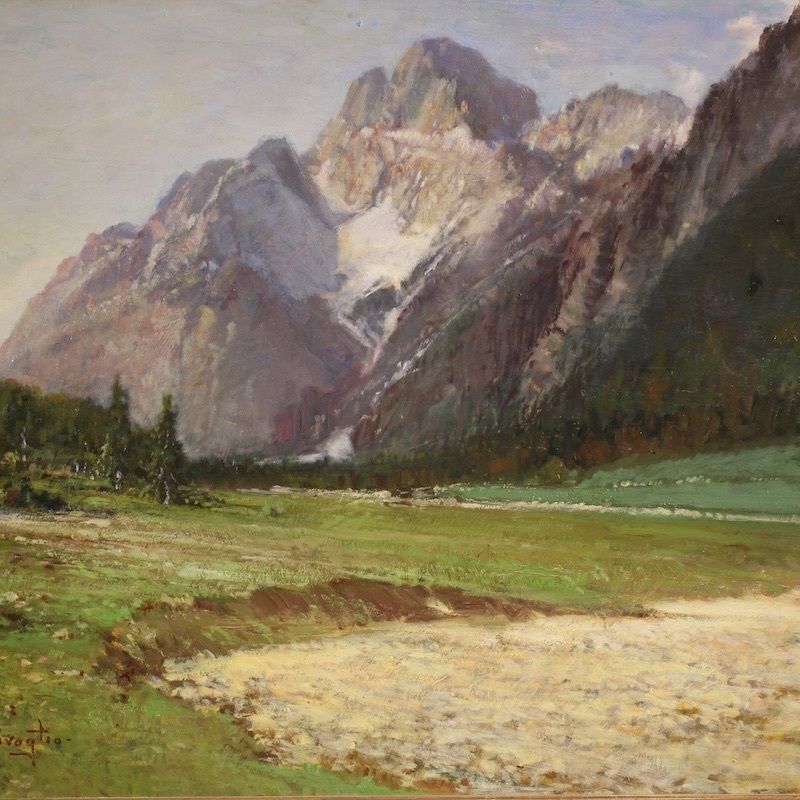 Italiaans schilderij met berglandschap van de Croda Rossa d'Ampezzo, gesigneerd door Bentivoglio photo for sale
