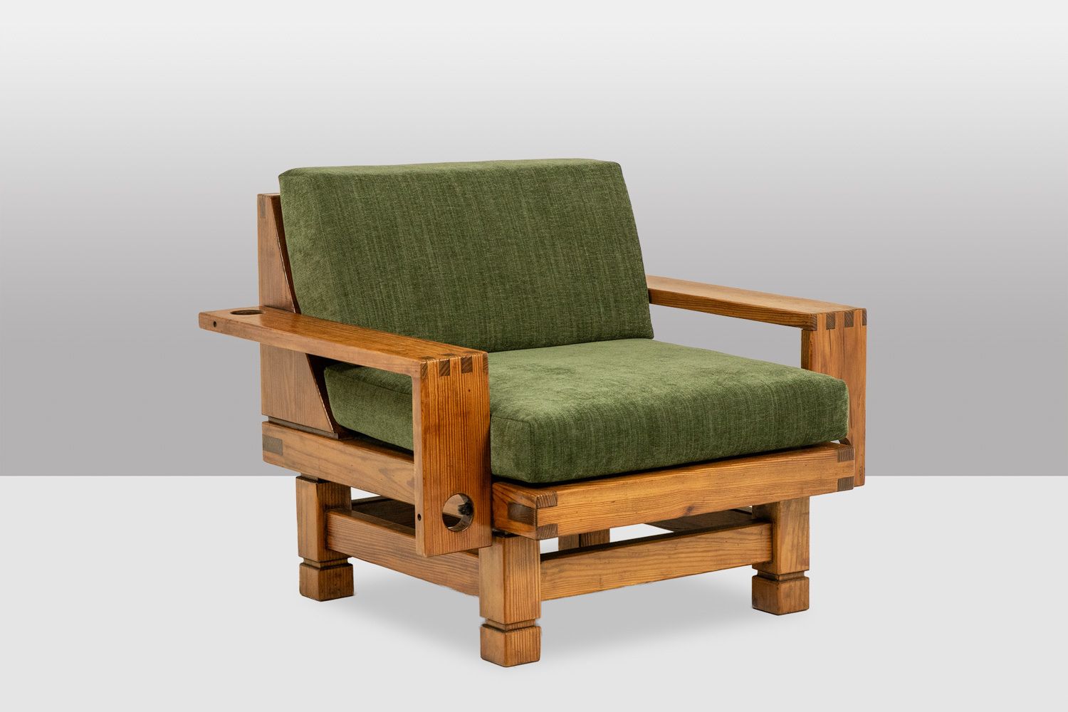 Pair Of Modernist Style Armchairs Made Of Pitch Pine. 1960s. photo for sale