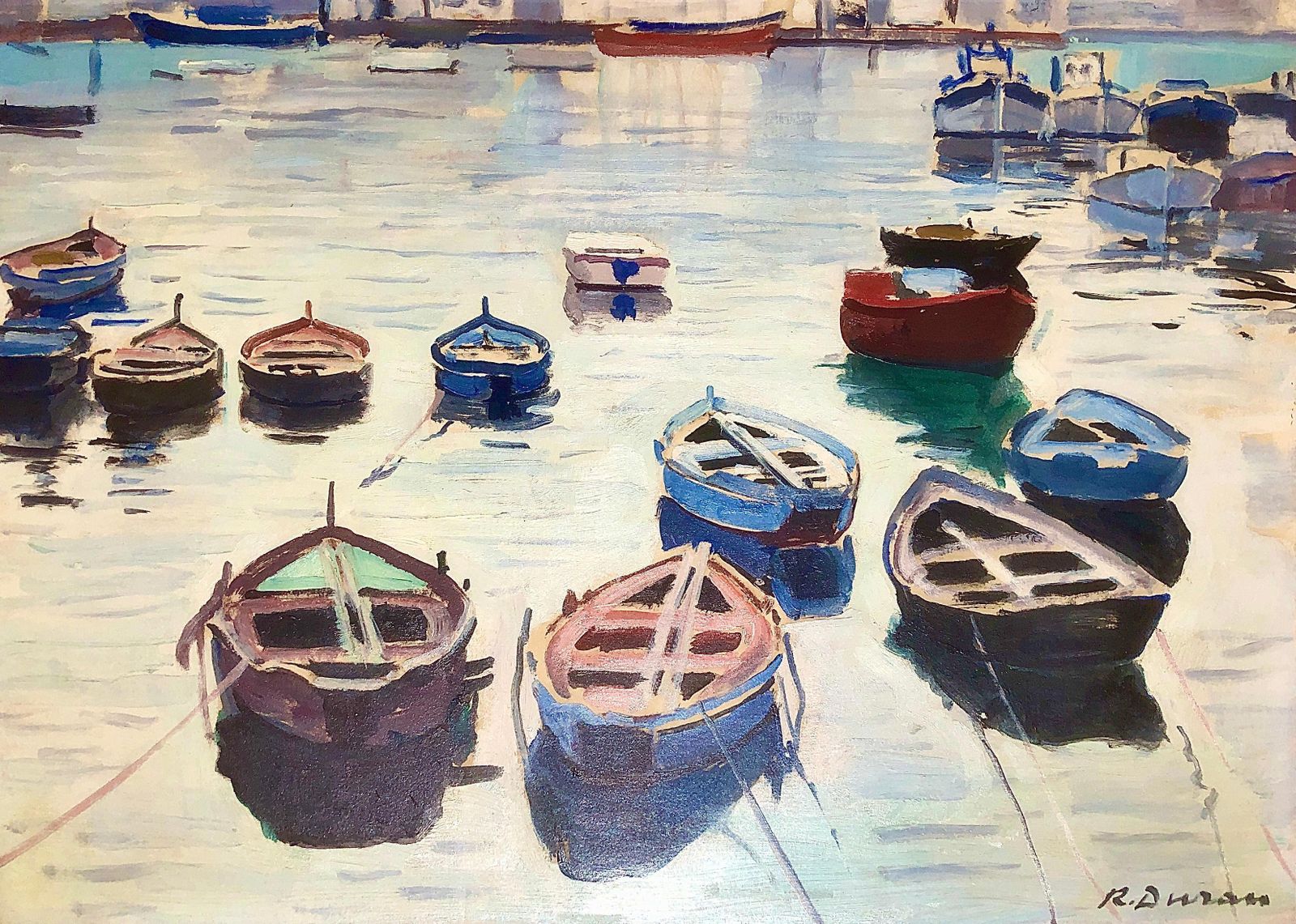 Rafael Duran Benet Mediterranean Harbor Fishing Boats Post Impressionist Coastal Seascape Oil Spain C.1990