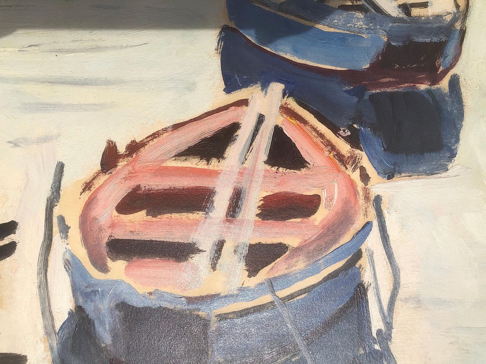 Rafael Duran Benet, bateaux de pêche dans un port méditerranéen, paysage marin côtier post-impressionniste, huile sur toile, Espagne, vers 1990 photo Art