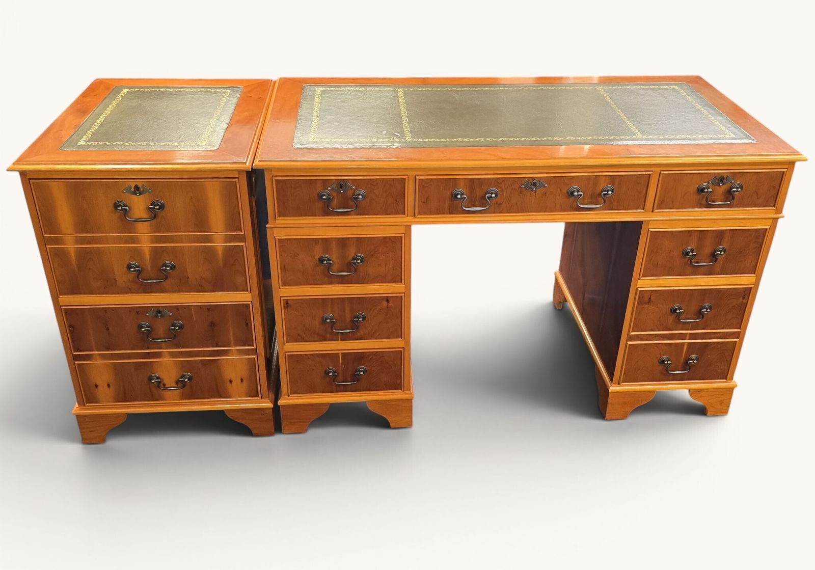 Green Leather‑Top Yew Veneer Writing Desk & Chair Set With Matching Filing Pedestal Unit photo buy
