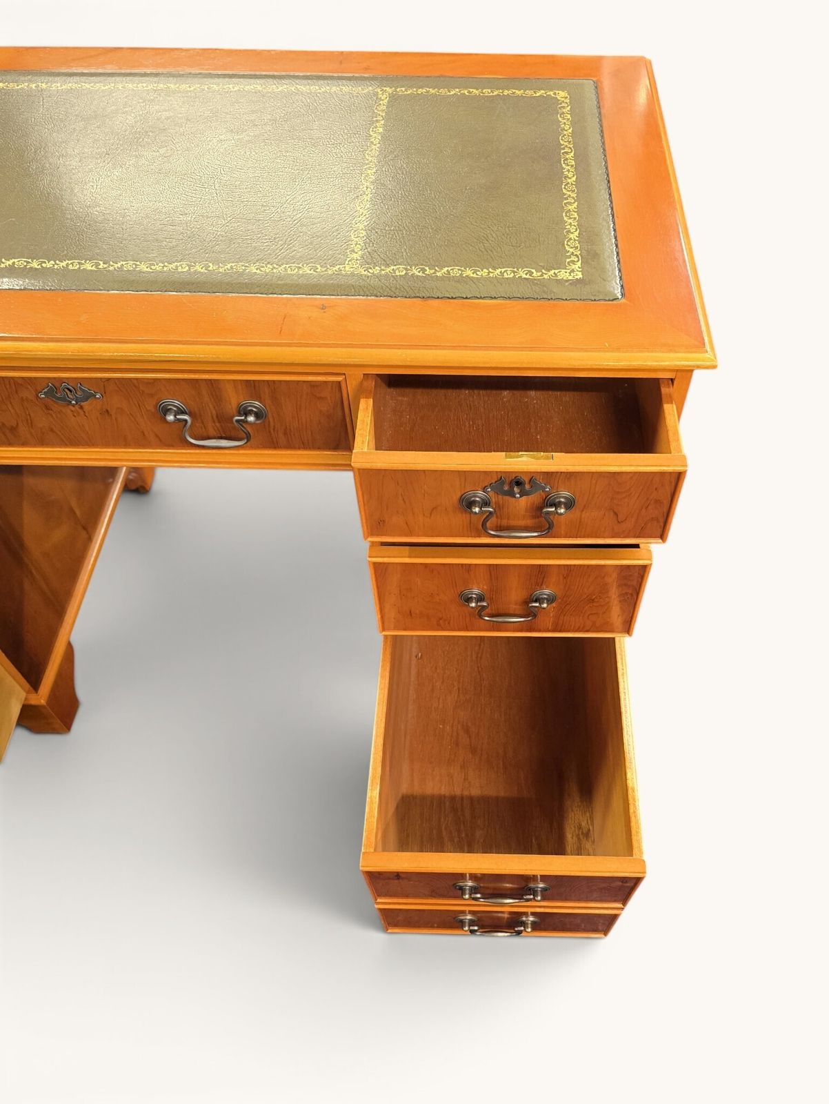 photo for sale Green Leather‑Top Yew Veneer Writing Desk & Chair Set With Matching Filing Pedestal Unit