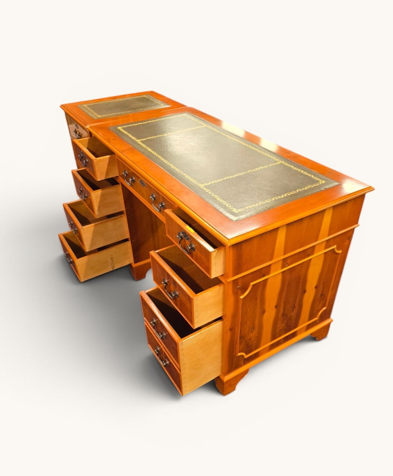 Furniture Green Leather‑Top Yew Veneer Writing Desk & Chair Set With Matching Filing Pedestal Unit photo