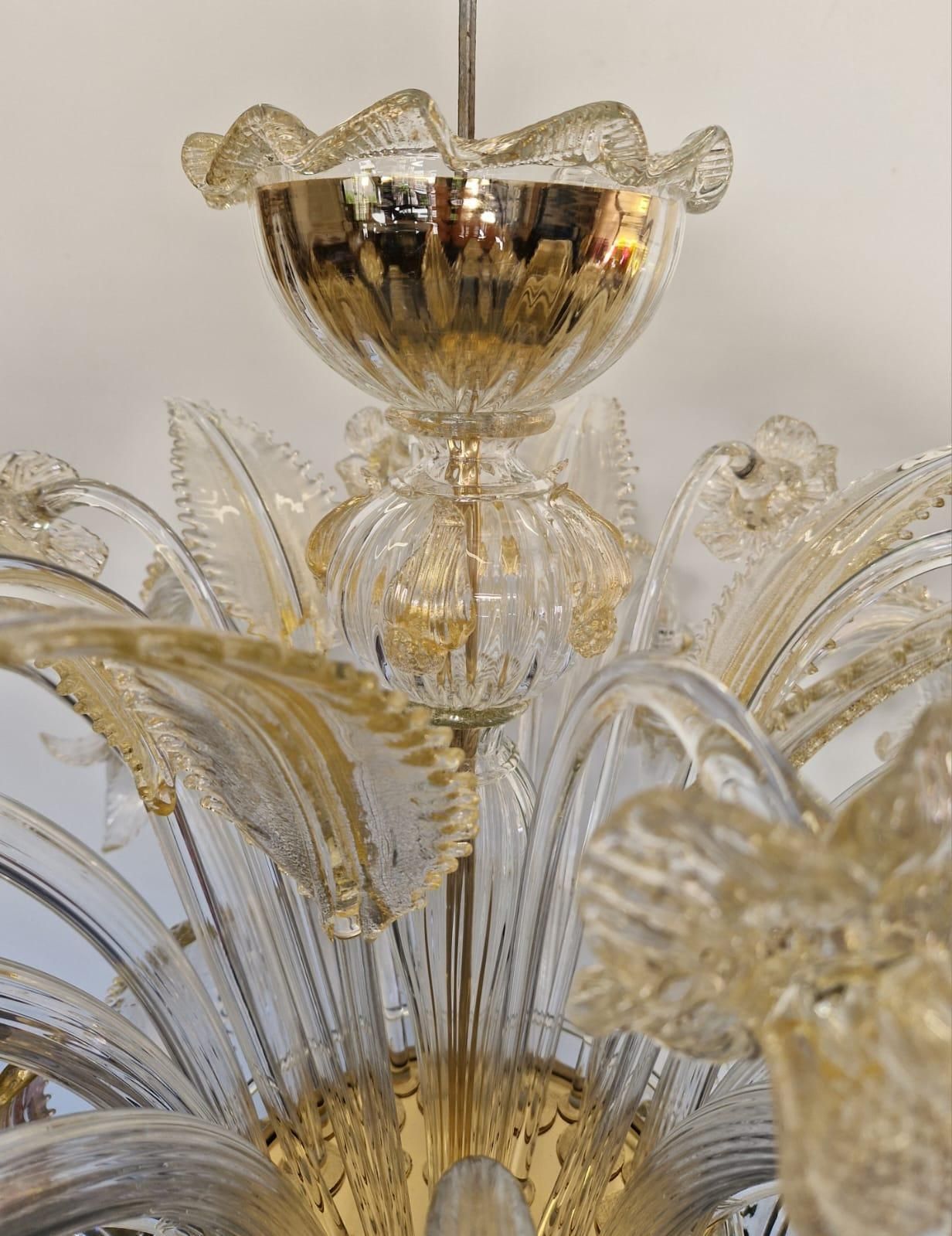 Venetian Transparent And Gold Murano Glass Chandelier With Flowers And Leaves. photo for sale