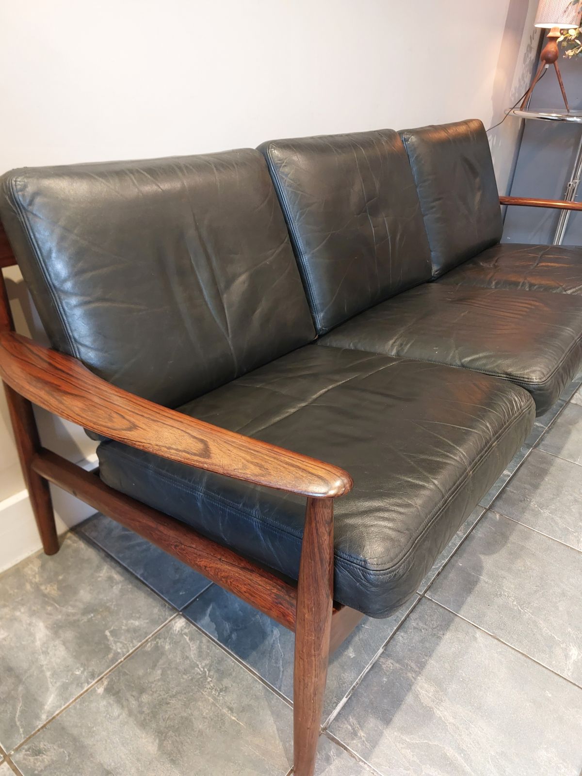 Danish Grete Jalk For France & Sons 3 Seater Black Leather Sofa photo 3900.0