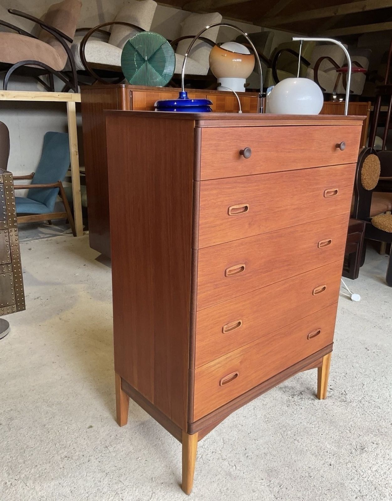 photo buy Mid Century Danish Style Teak Chest Of Drawers / Tallboy Dresser 1970s