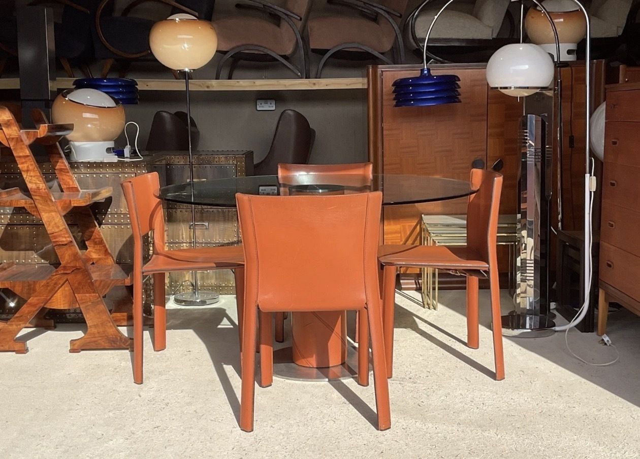 Postmodern Tan Leather Dining Chairs & Table By Giancarlo Vegni For Fasem 1980s photo furniture