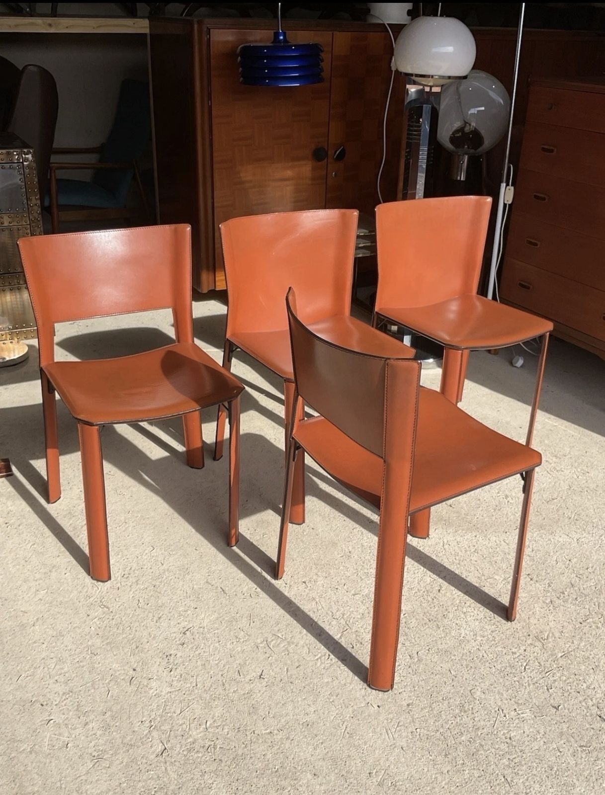Furniture Postmodern Tan Leather Dining Chairs & Table By Giancarlo Vegni For Fasem 1980s photo