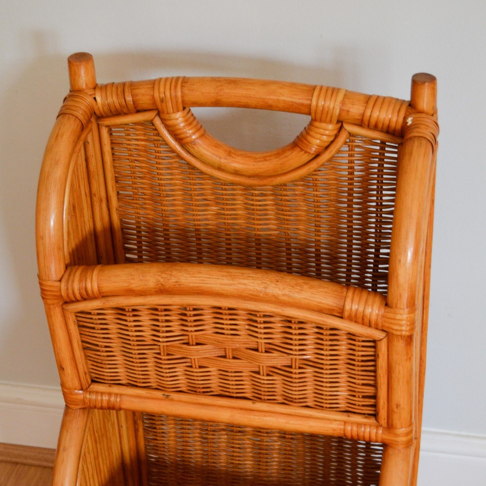 Vintage Bamboo Magazine Rack, Two Tier Storage Unit Book Rack 66cm Tall photo for sale