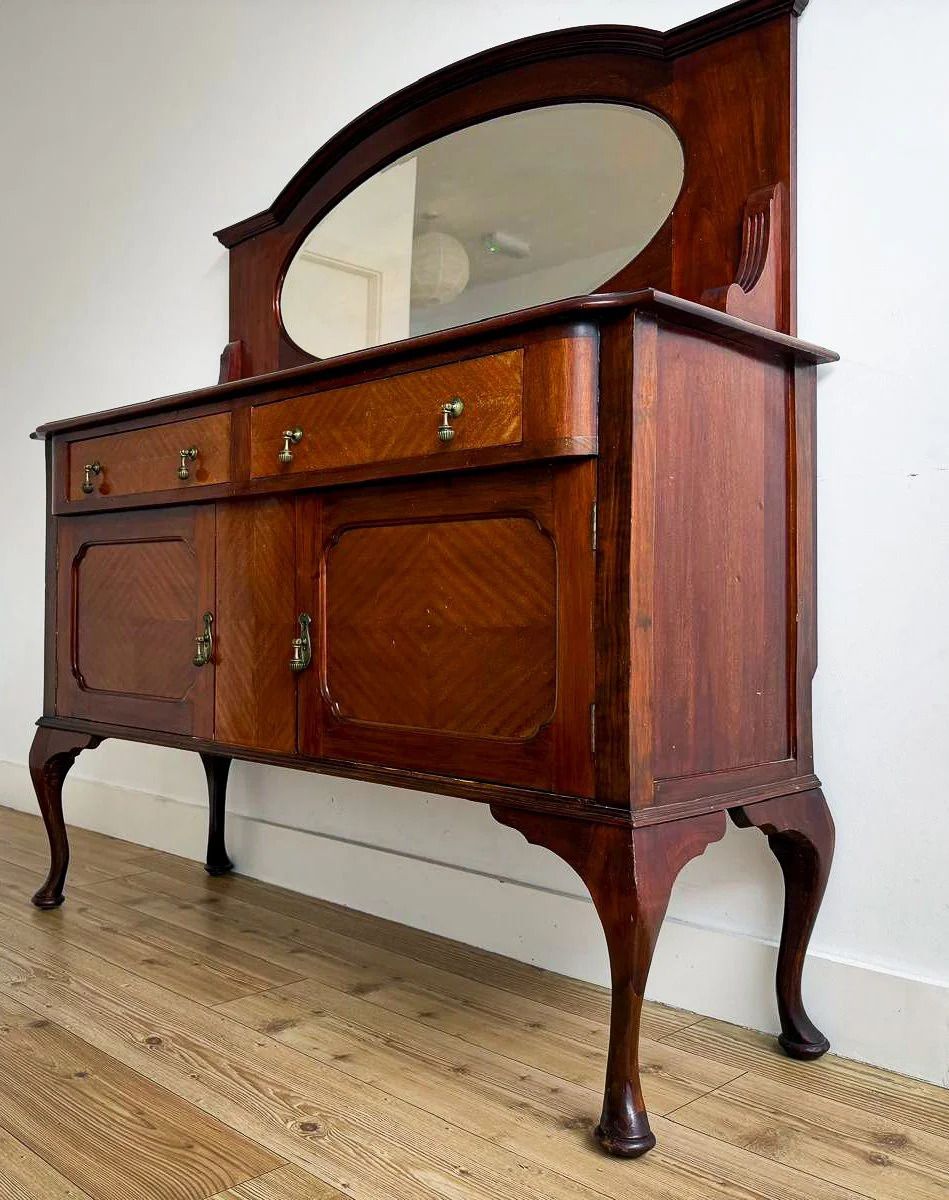 Antique Edwardian Inlaid Mahogany Sideboard Dresser With Mirror. photo Furniture