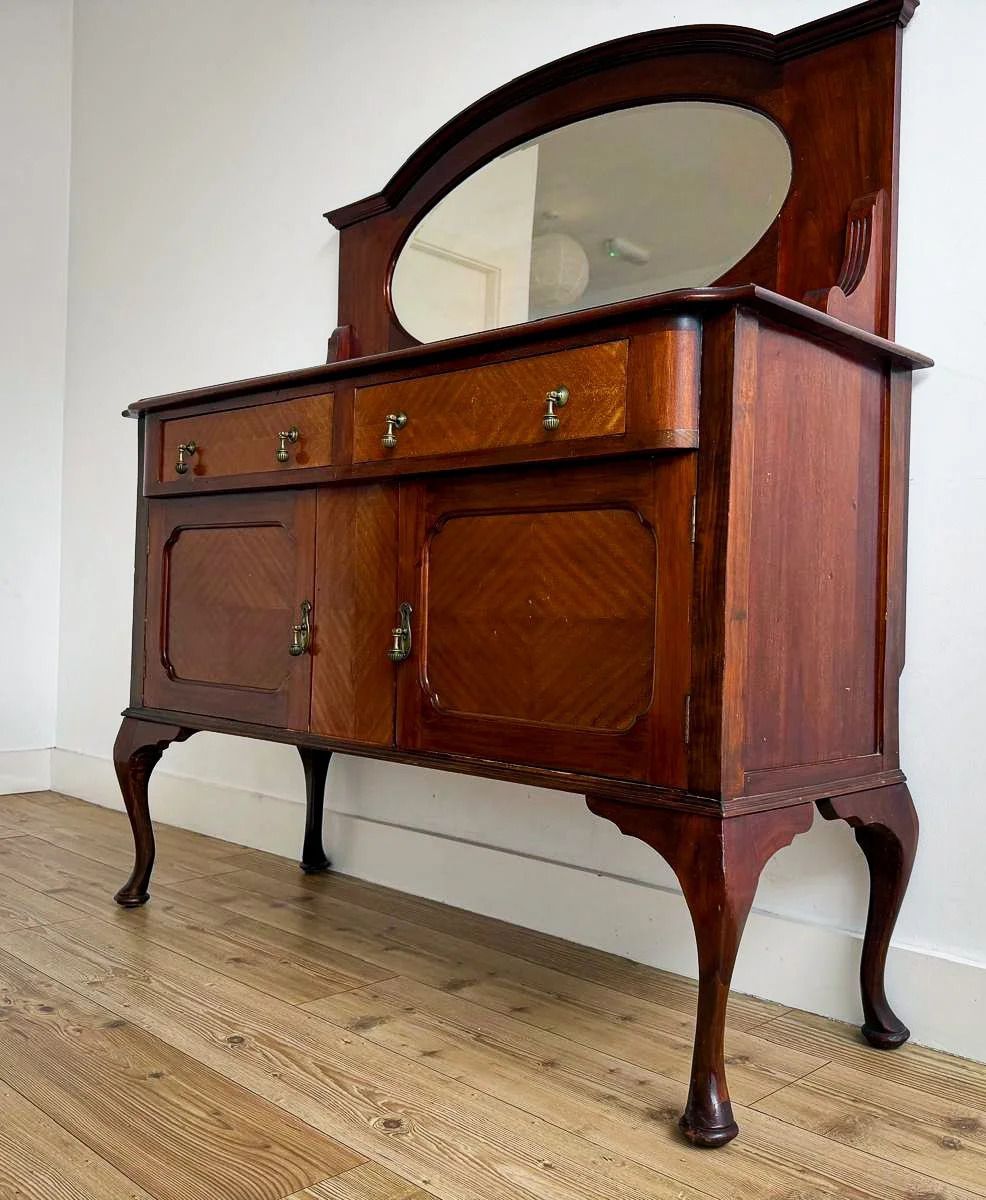 Antique Edwardian Inlaid Mahogany Sideboard Dresser With Mirror. photo 350.0
