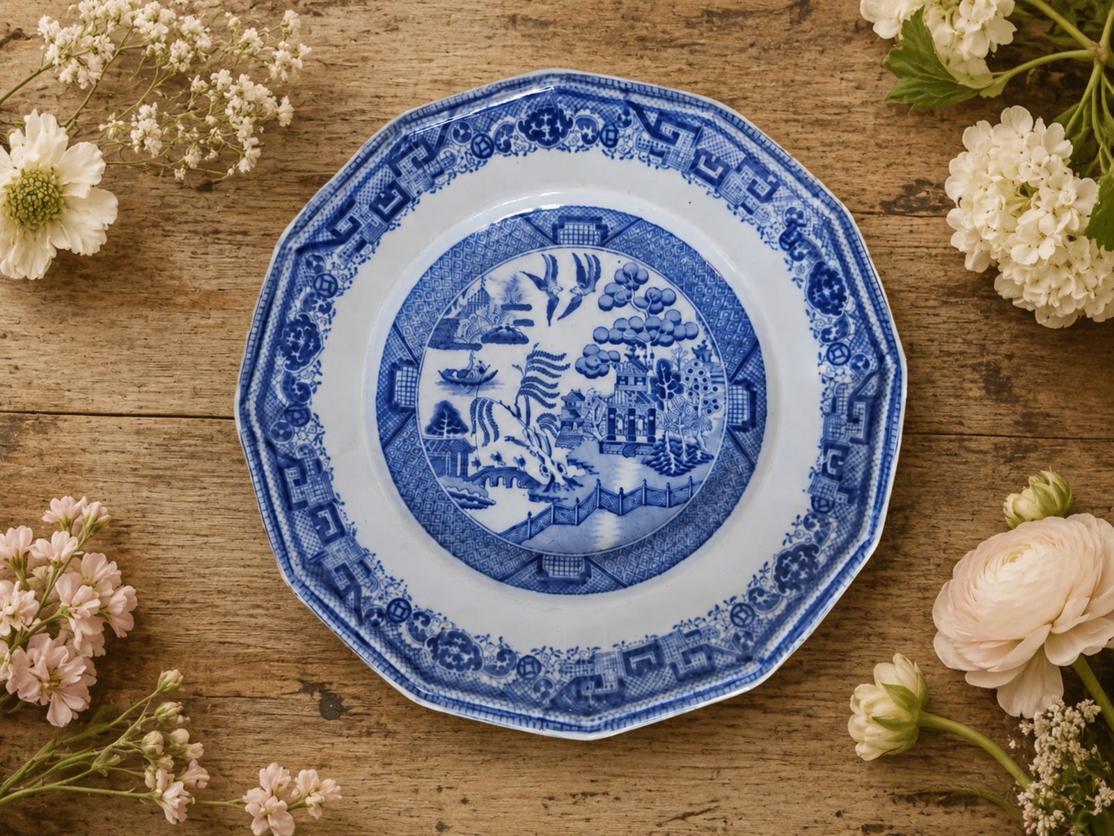 Antiek Enoch Wedgwood Blue Willow sierbord, jaren 1860