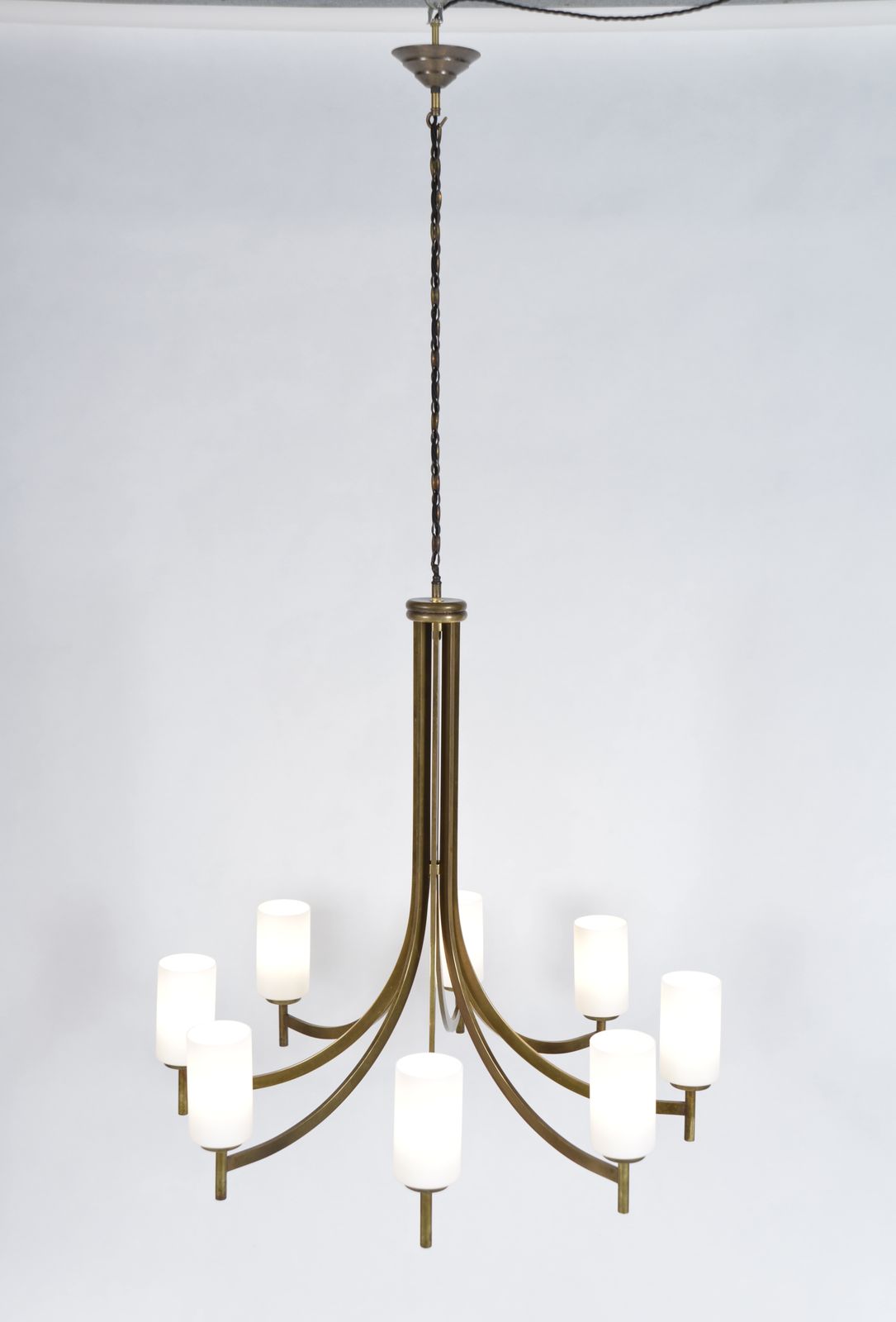 Large 1950s 1960s Italian Midcentury Brass Glass 8 Arm Chandelier Light