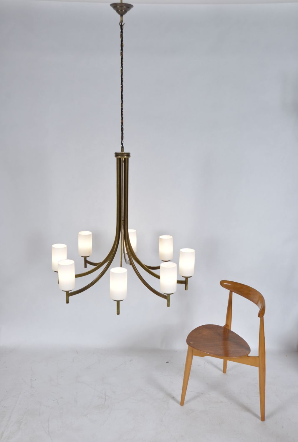 photo for sale Large 1950s 1960s Italian Midcentury Brass Glass 8 Arm Chandelier Light
