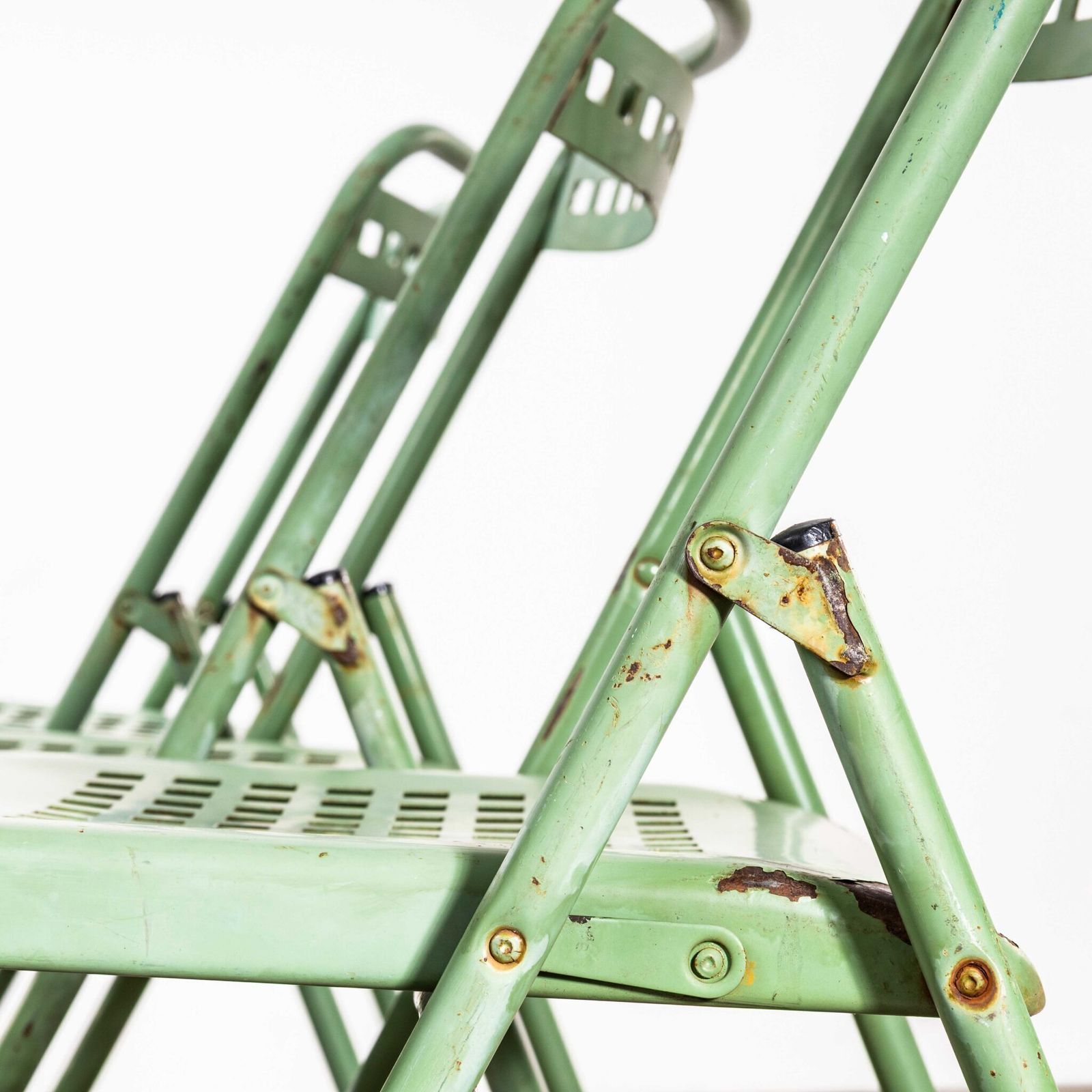 photo for sale 1970’s French Brutalist Green Folding Metal Garden Chairs