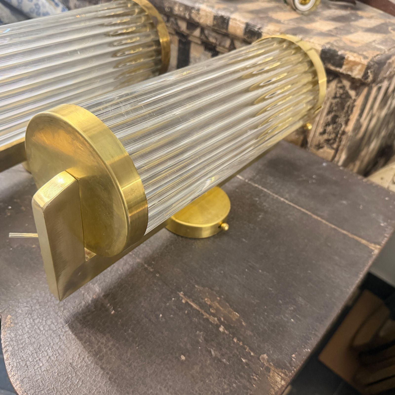 photo vinterior Two 1980s Art Deco Style Brass And Glass Italian Theater Wall Sconces
