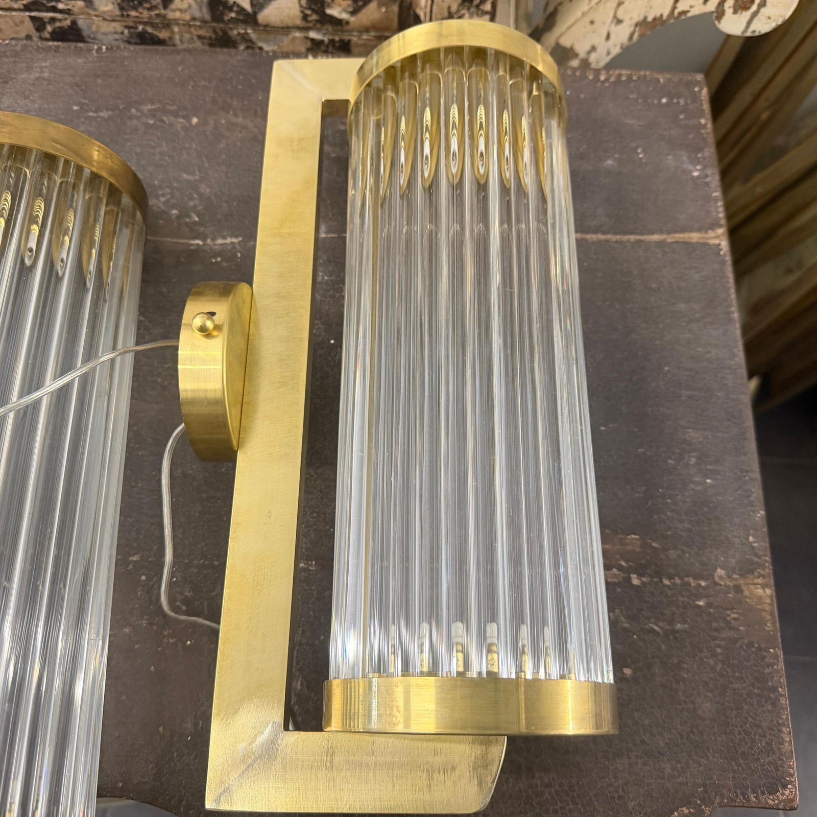 photo vintage Two 1980s Art Deco Style Brass And Glass Italian Theater Wall Sconces