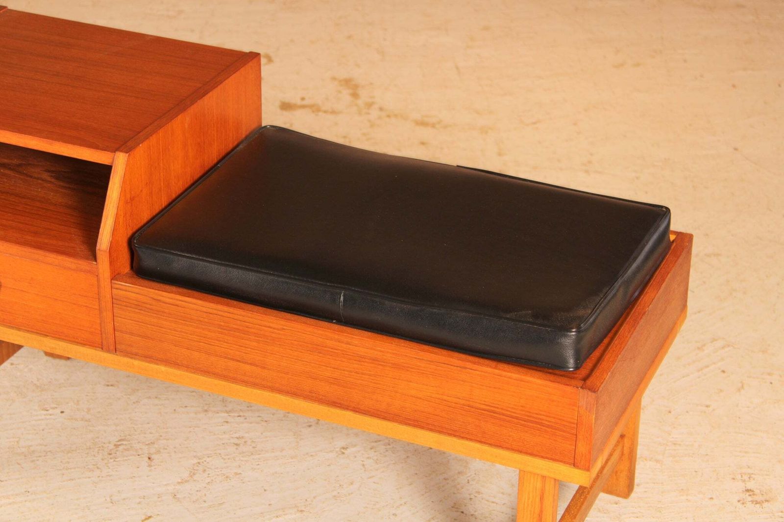 Mid Century Teak Telephone Seat With A Black Vinyl Seat And A Drawer, Circa 1960s photo vintage