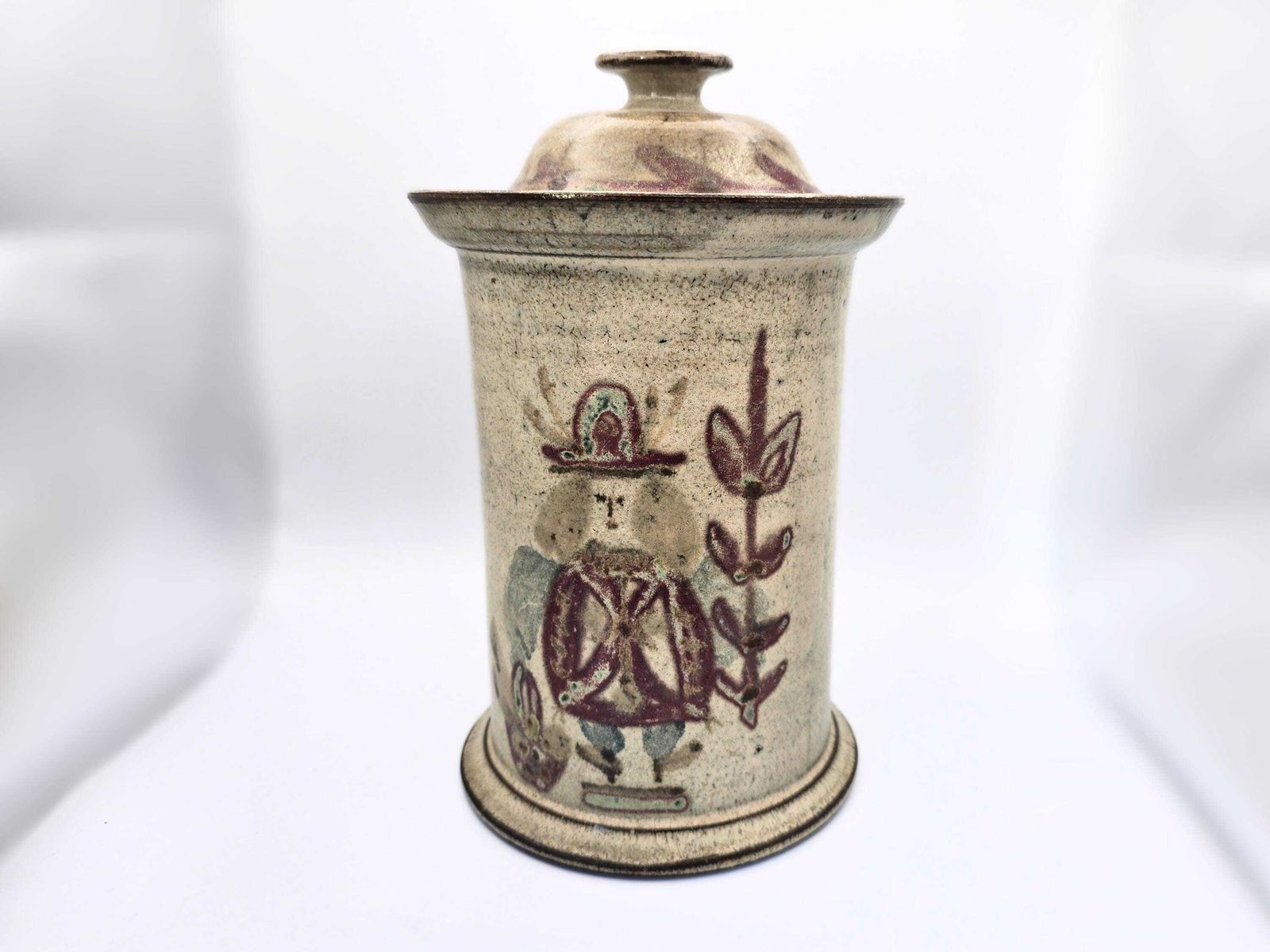 Vintage Gustave Reynaud For Le Mûrier Vallauris Studio Pottery Canister With Lid. Figure And Flowers Decoration photo for sale